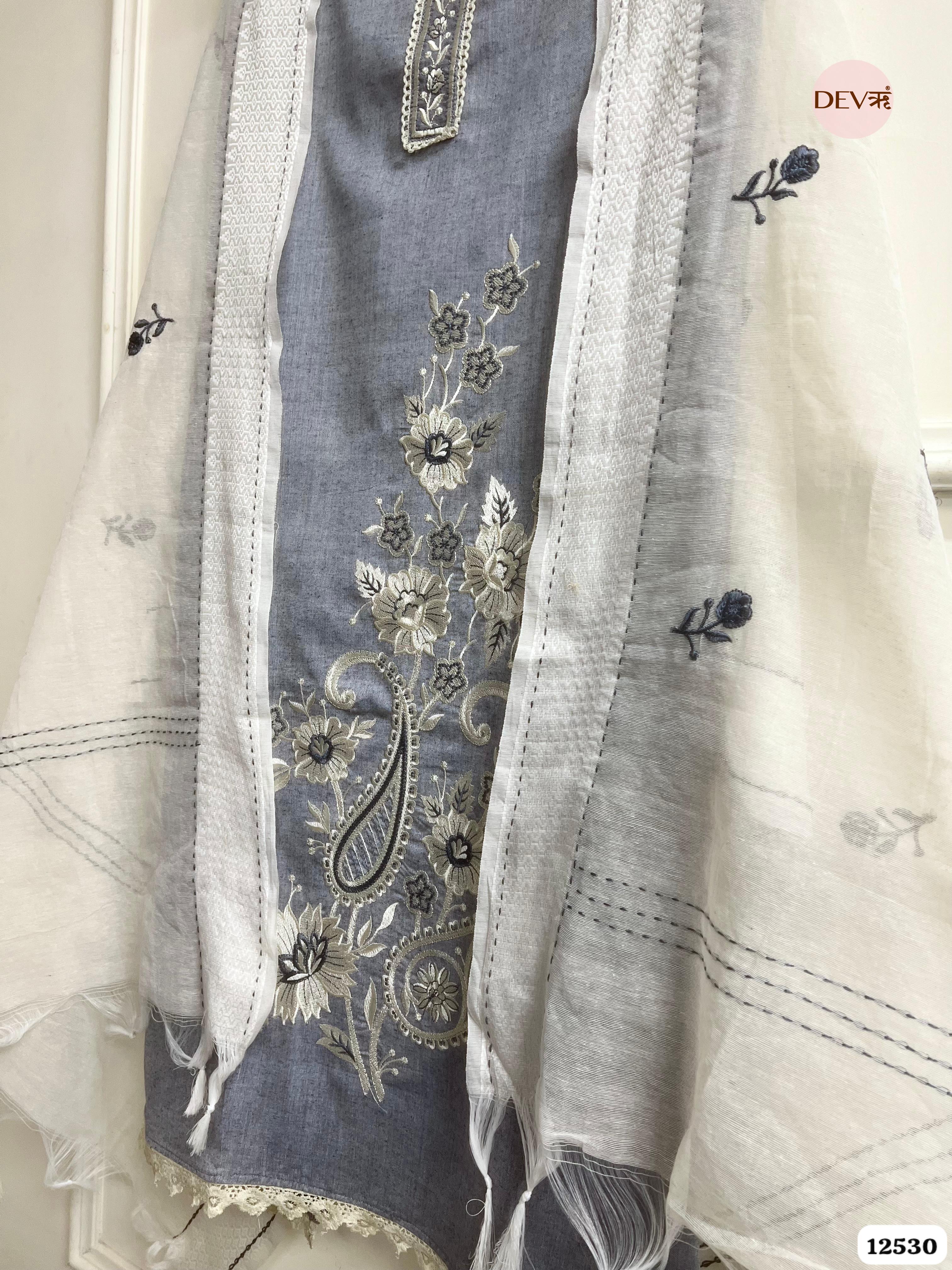 Grey Handloom Cotton Embroidered Unstitched 3-Piece Suit (Devri – D.No 12530)