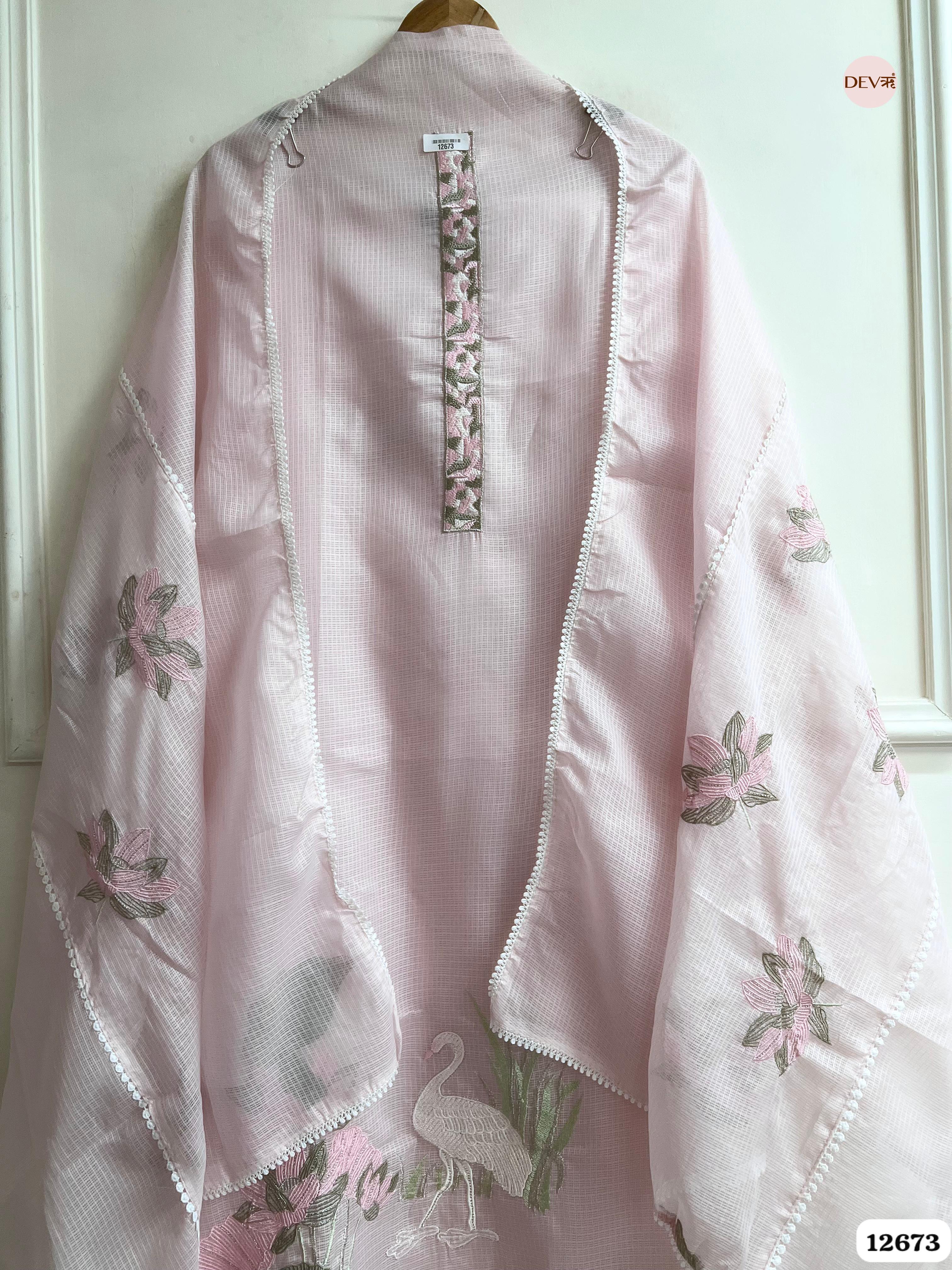 Baby Pink Kota Embroidered Unstitched 3-Piece Suit (Devri – D.No 12673)