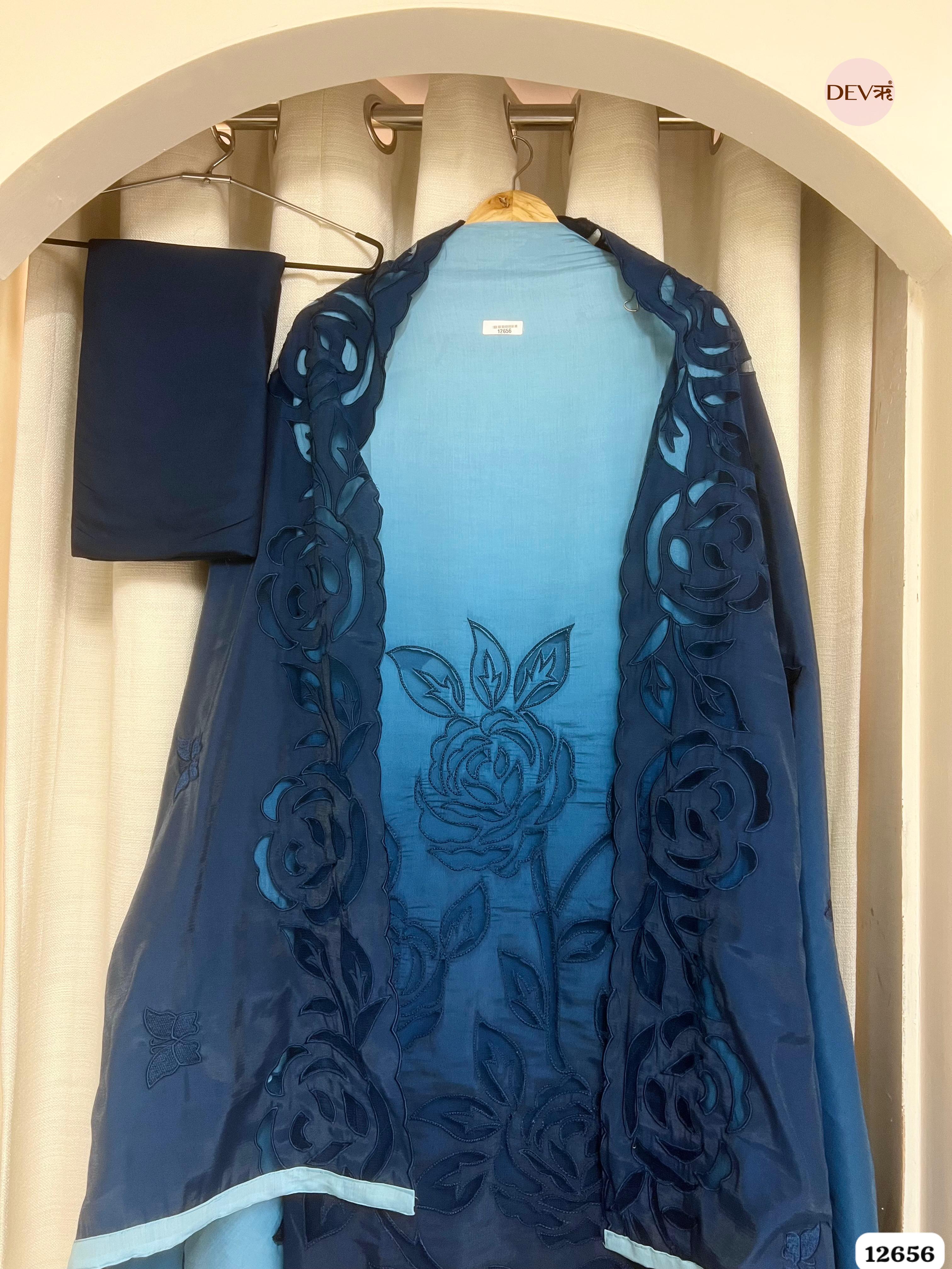 Ombre Blue Mul Chanderi Embroidered Unstitched 3-Piece Suit (Devri – D.No 12656)