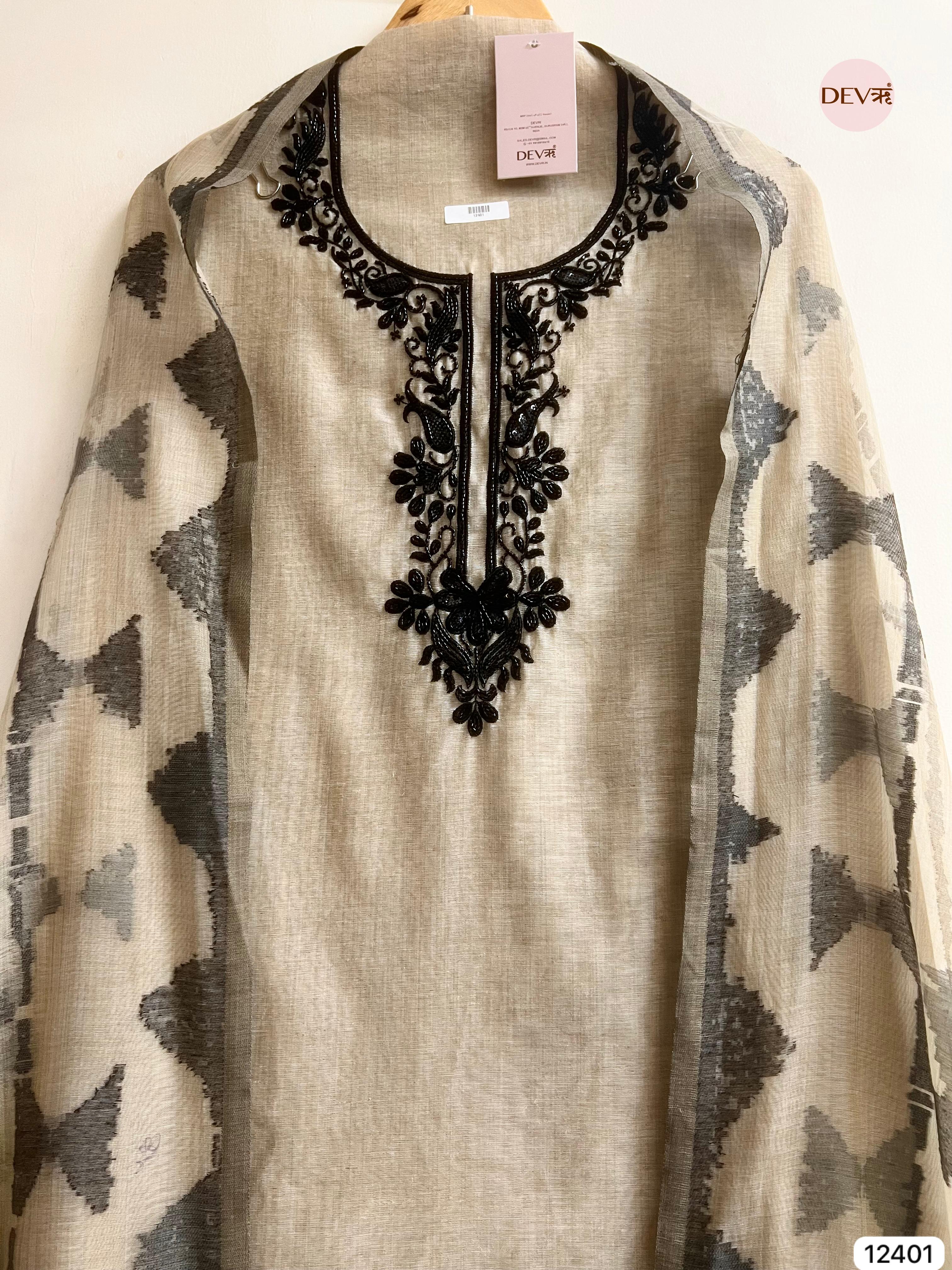 Beige Mul Chanderi Embroidered Unstitched 3-Piece Suit (Devri – D.No 12401)