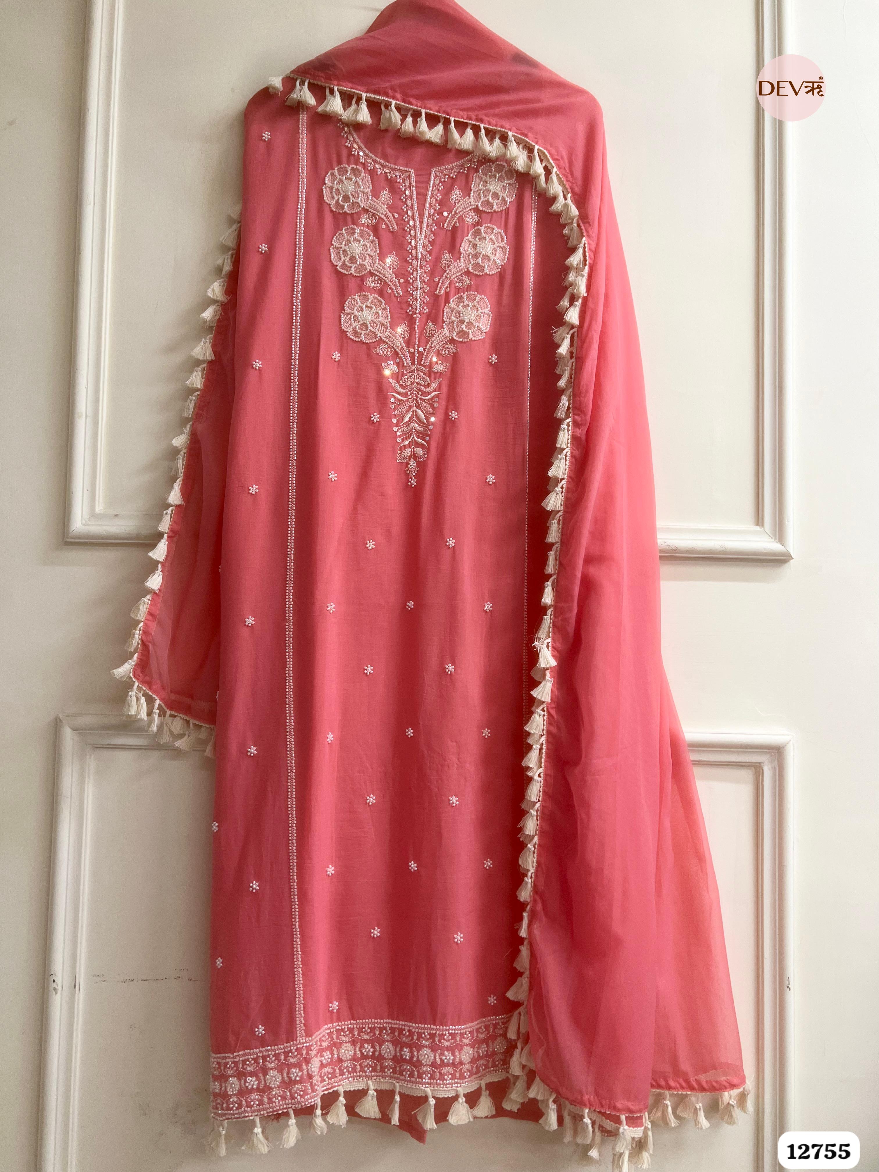 Coral Pink Mul Cotton Embroidered Unstitched 3-Piece Suit (Devri – D.No 12755)