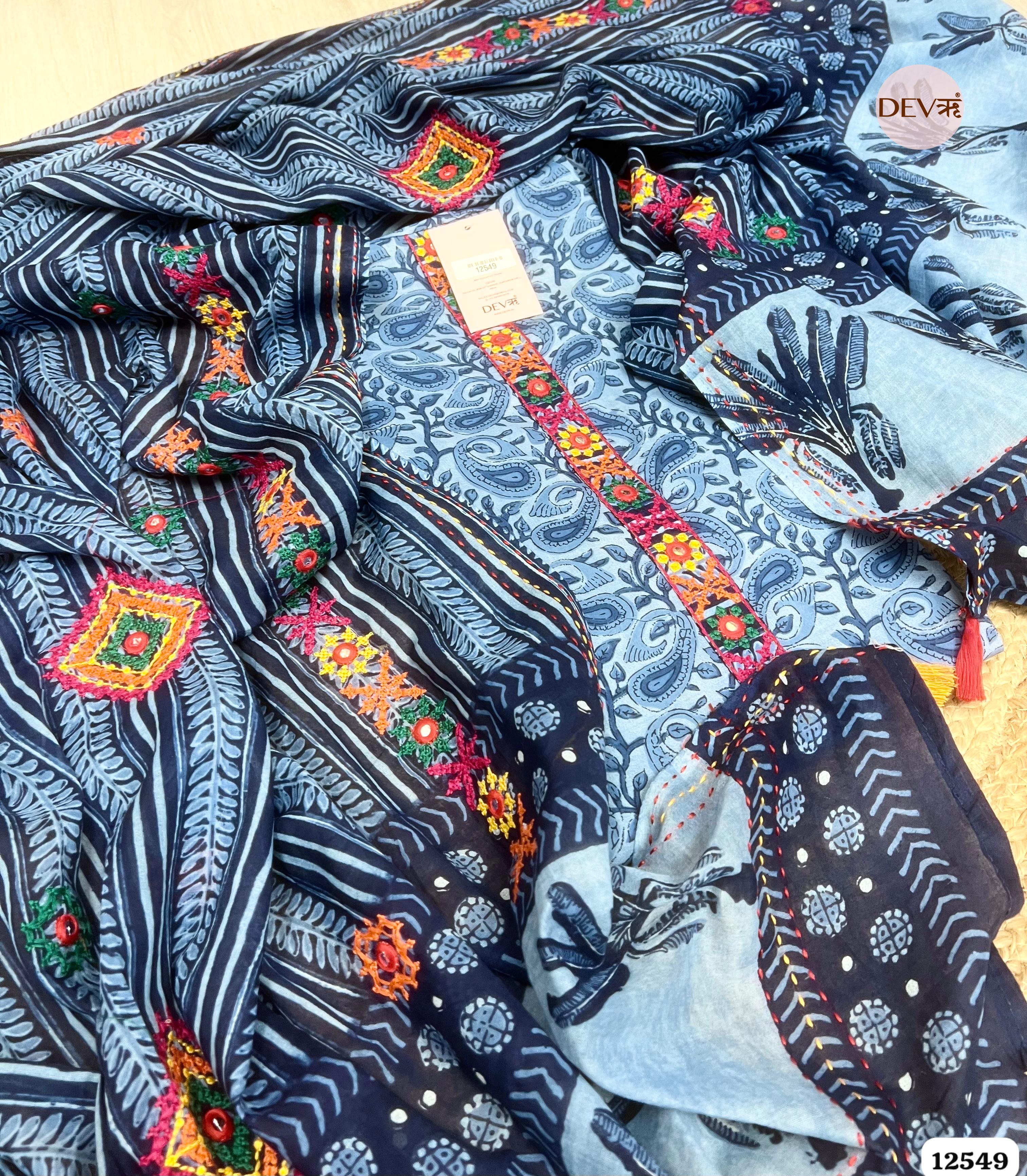 Blue Pure Cotton Printed Unstitched 3-Piece Suit (Devri – D.No 12549)
