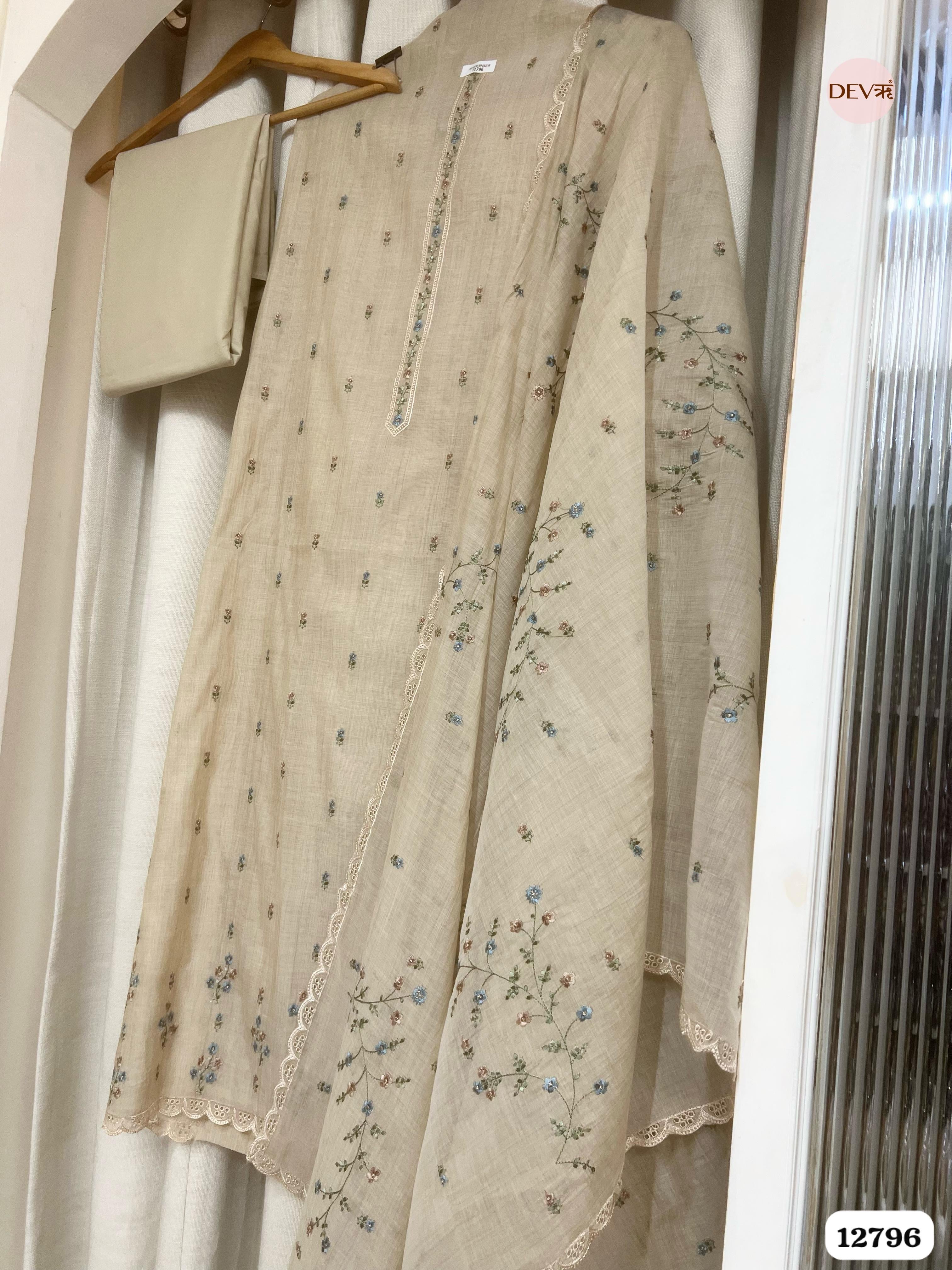 Beige Mul Chanderi Embroidered Unstitched 3-Piece Suit (Devri – D.No 12796)