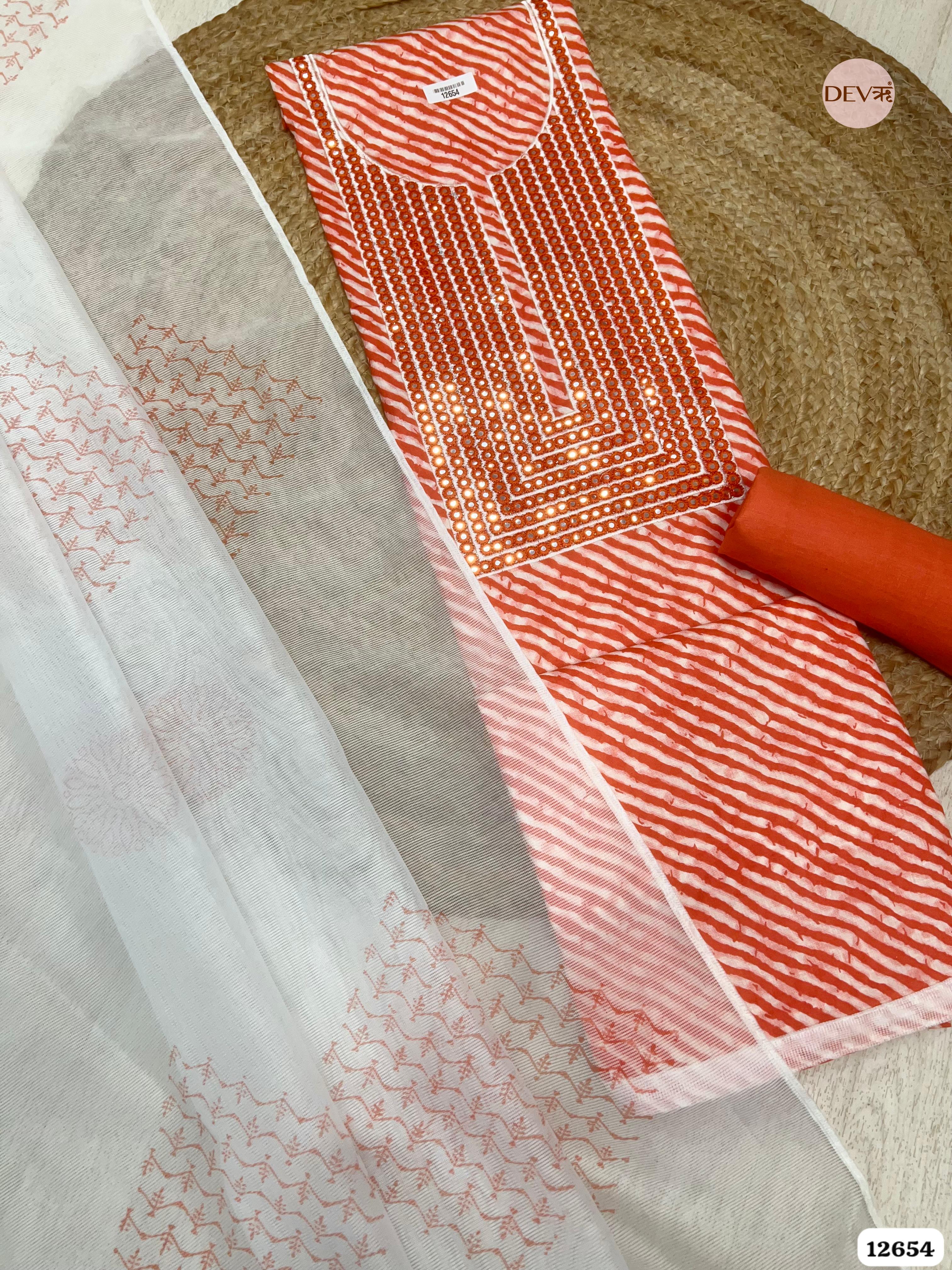 Orange Cotton Leheriya Printed & Embroidered