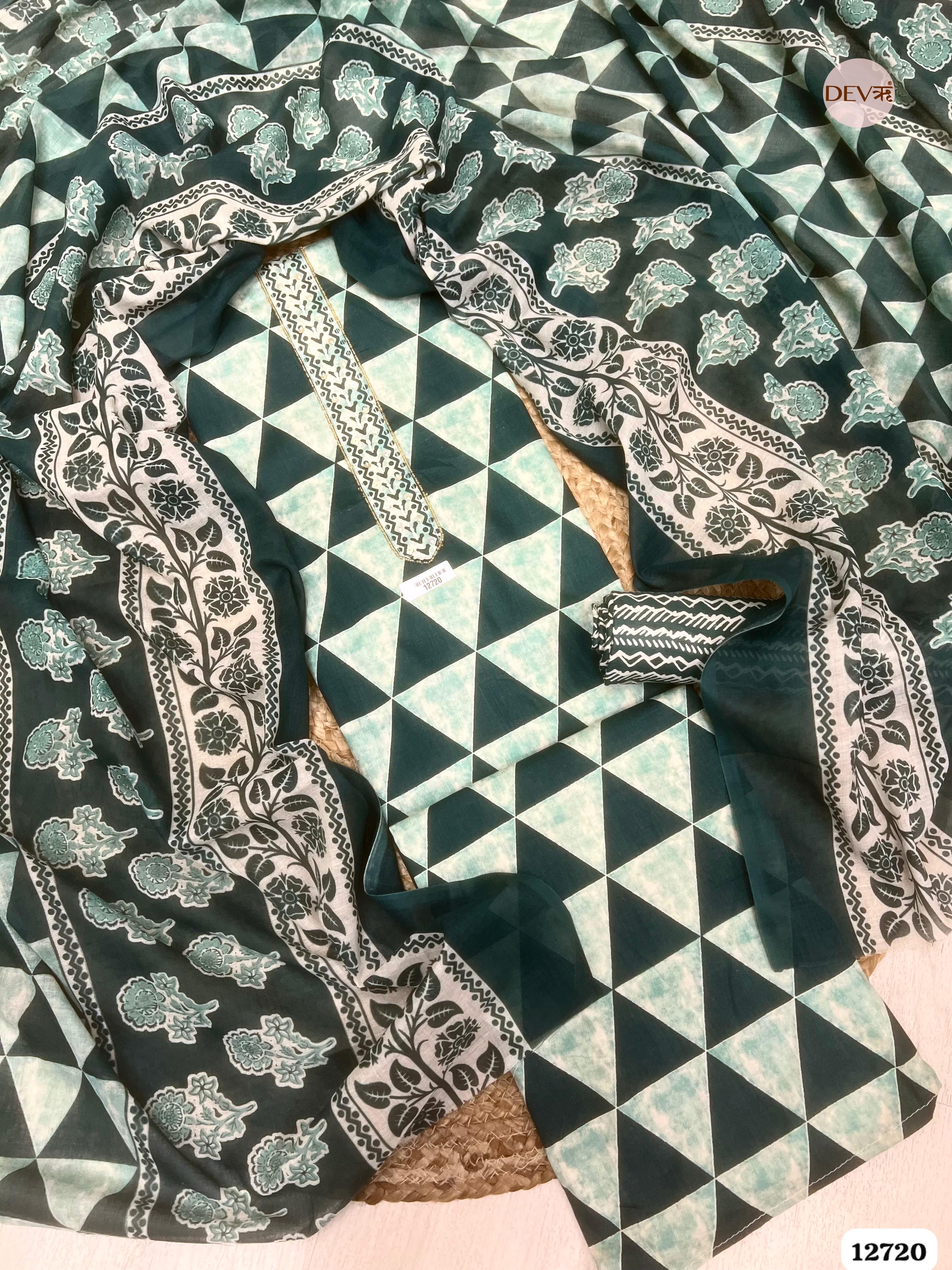 Bottle Green Cotton Printed Unstitched 3-Piece Suit (Devri – D.No 12720)