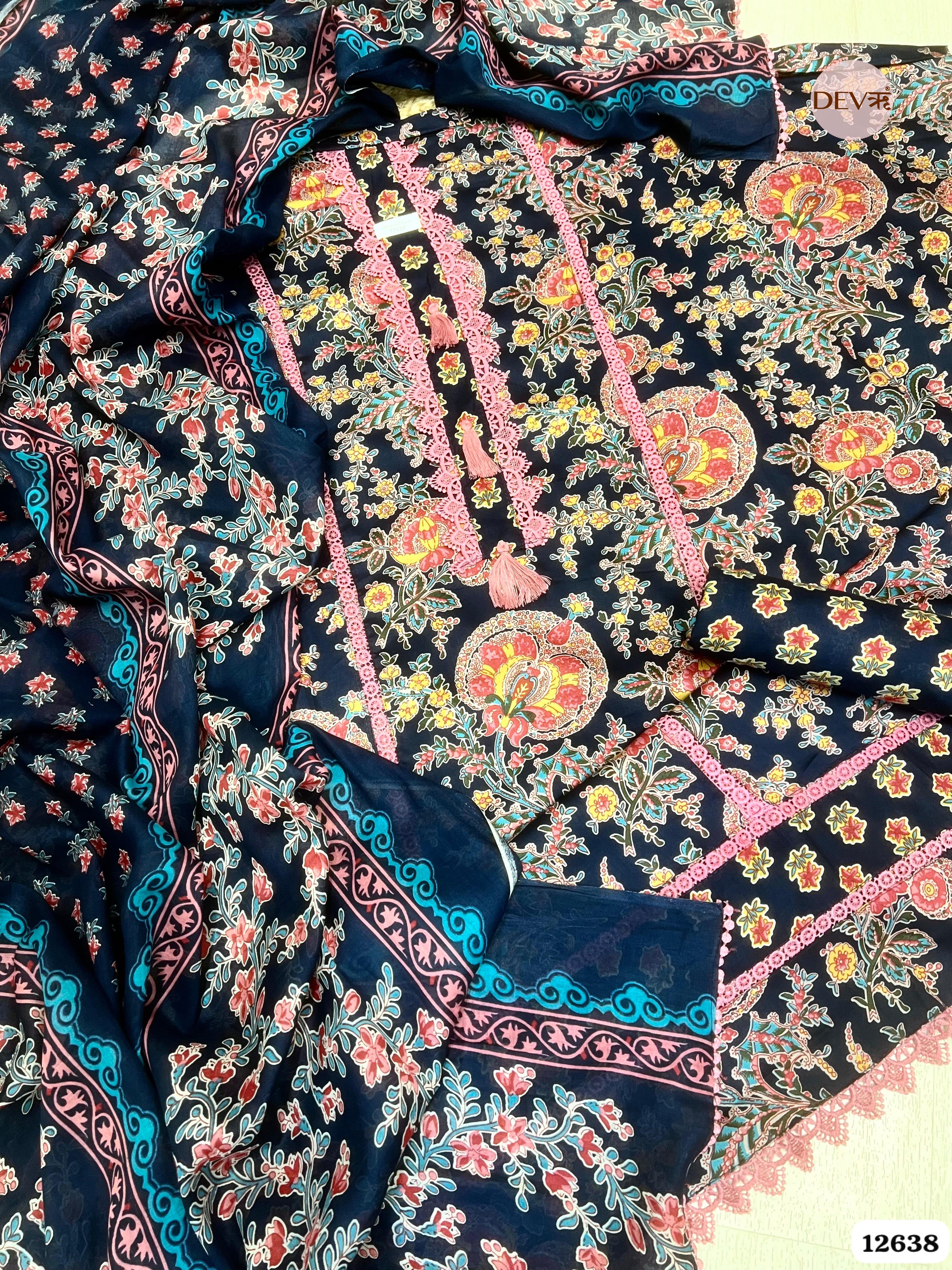 Navy Blue Cotton Floral Printed Unstitched 3-Piece Suit (Devri – D.No 12638)
