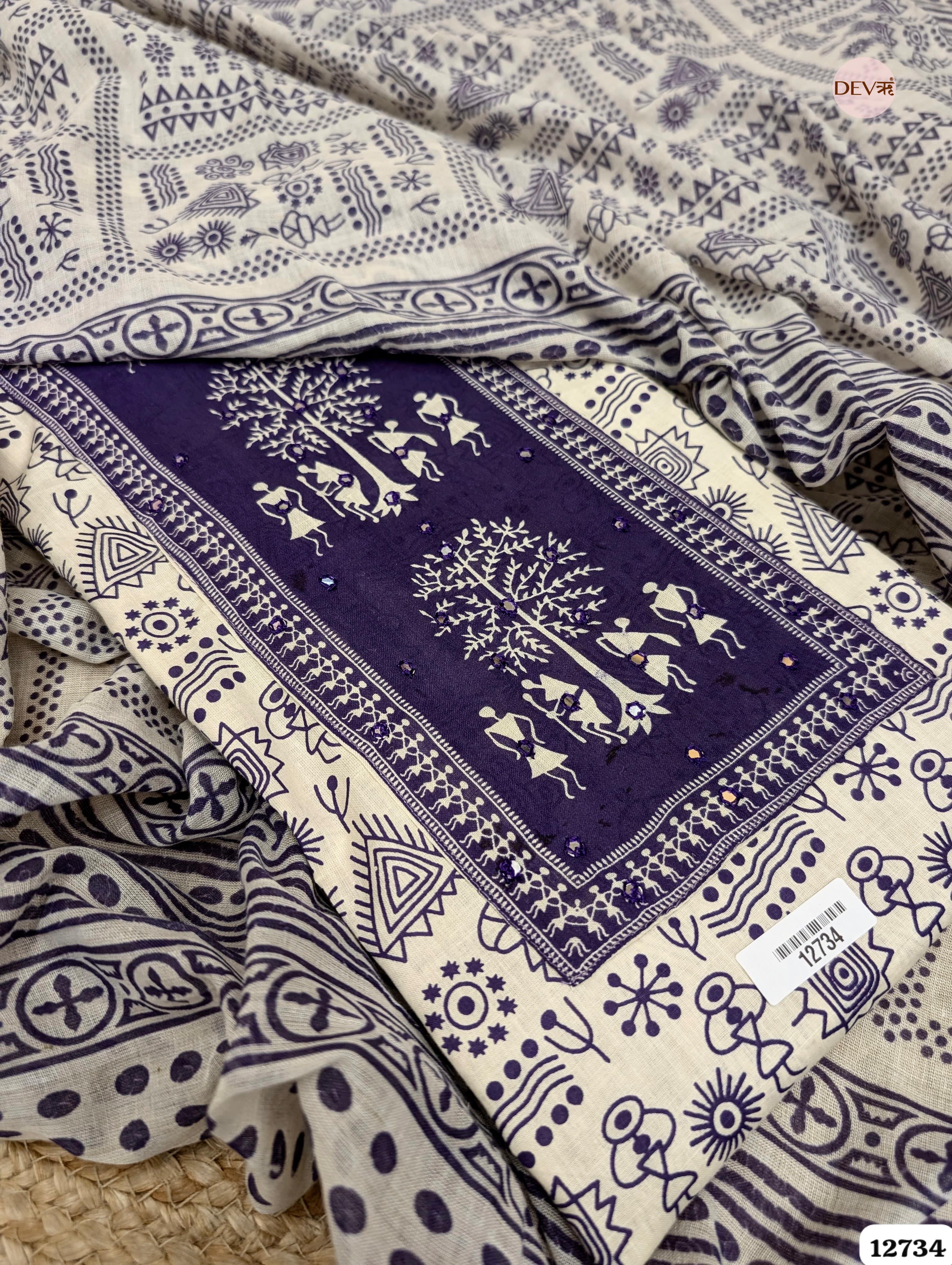 Navy and Ivory Cotton Printed Unstitched 3-Piece Suit (Devri – D.No 12734)