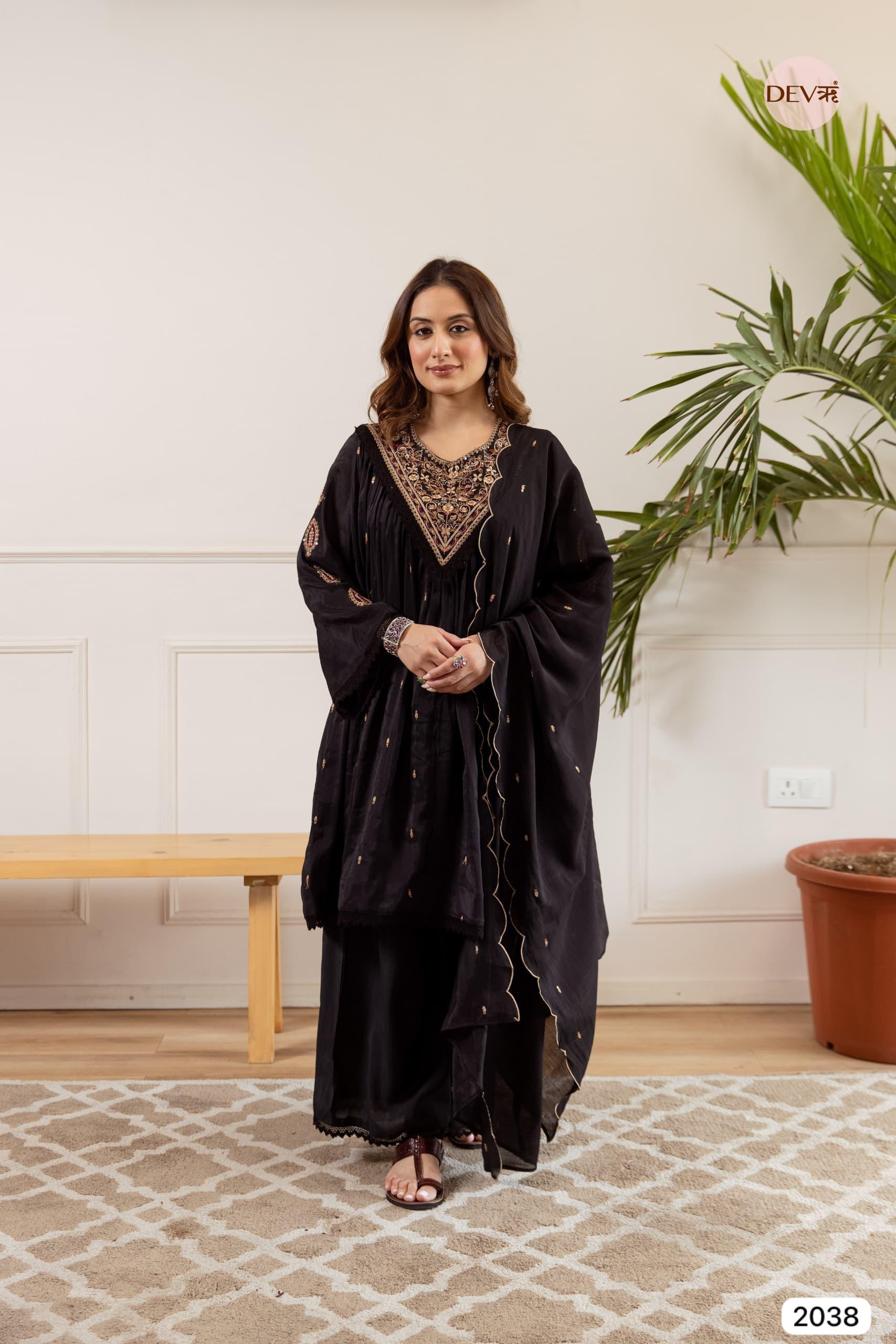 Kashvi Mul Chanderi Embroidered Black 3-Piece Set (Devri – D.No 2038)