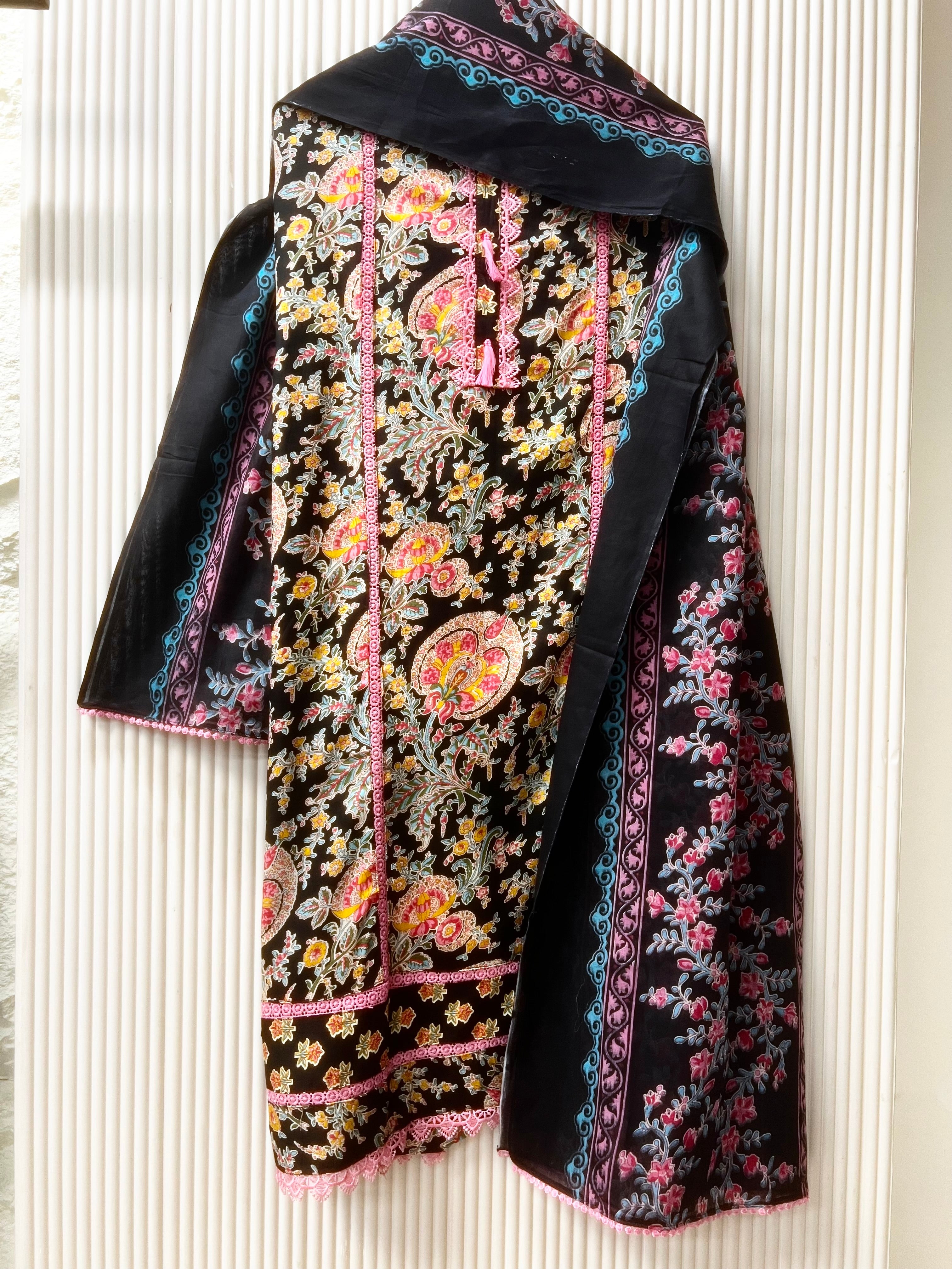 Black Cotton Floral Printed Unstitched 3-Piece Suit (Devri – D.No 12637)