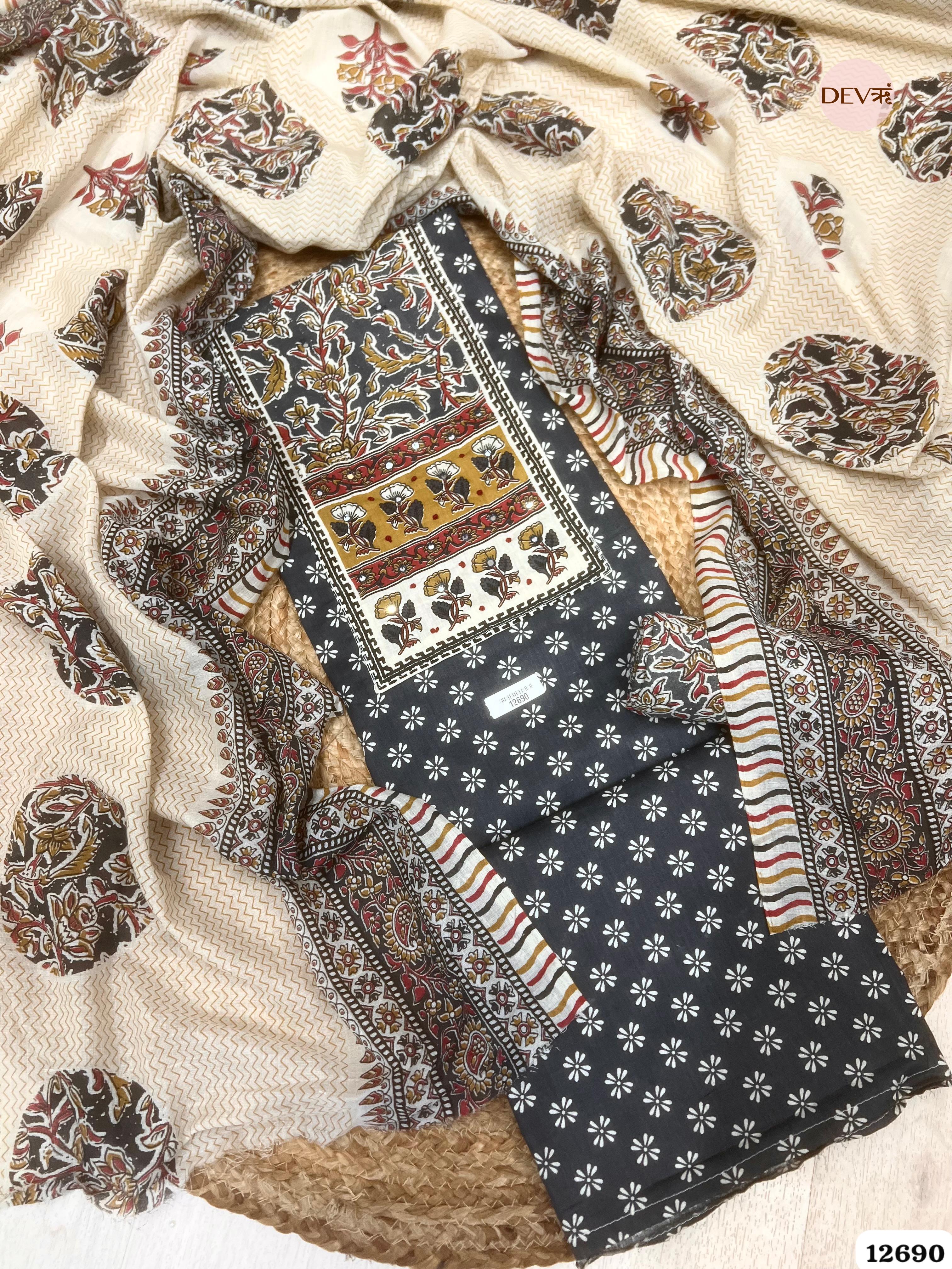 Black Cotton Printed Unstitched 3-Piece Suit (Devri – D.No 12690)
