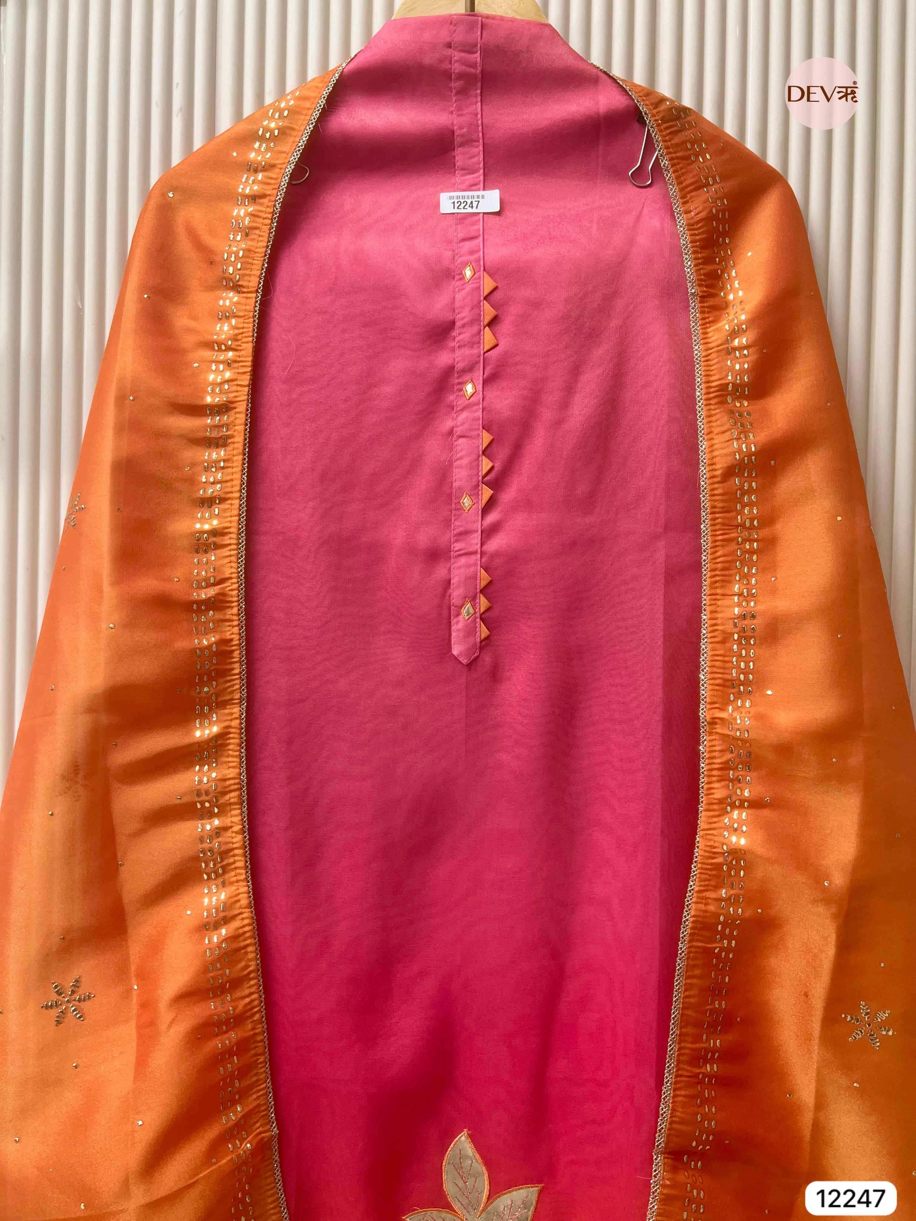 Orange Soft Tissue Shimmer Silk Embroidered Unstitched 3-Piece Suit (Devri – D.No 12247)