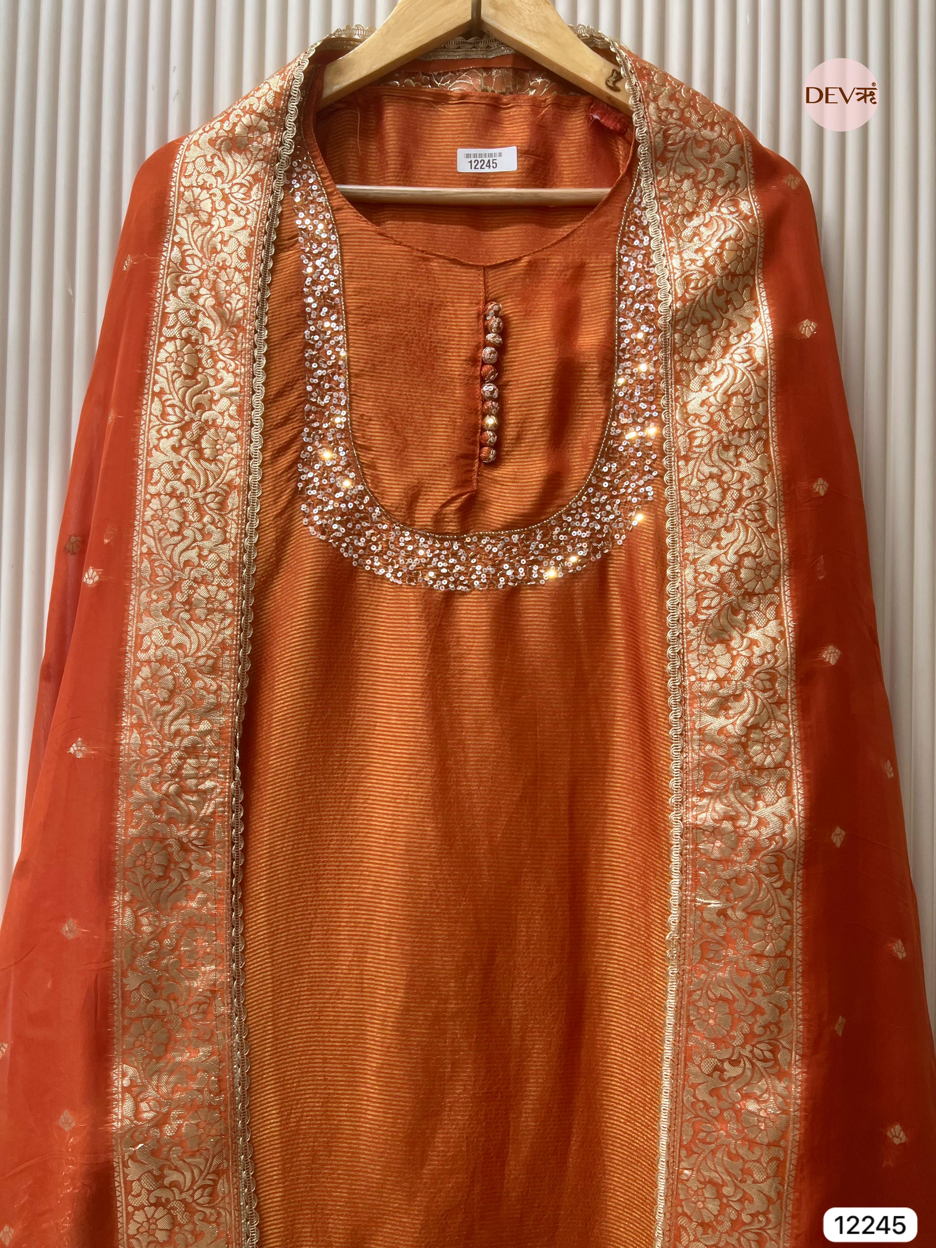 Rust Tissue Shimmer Silk Embroidered Unstitched 3-Piece Suit (Devri – D.No 12245)