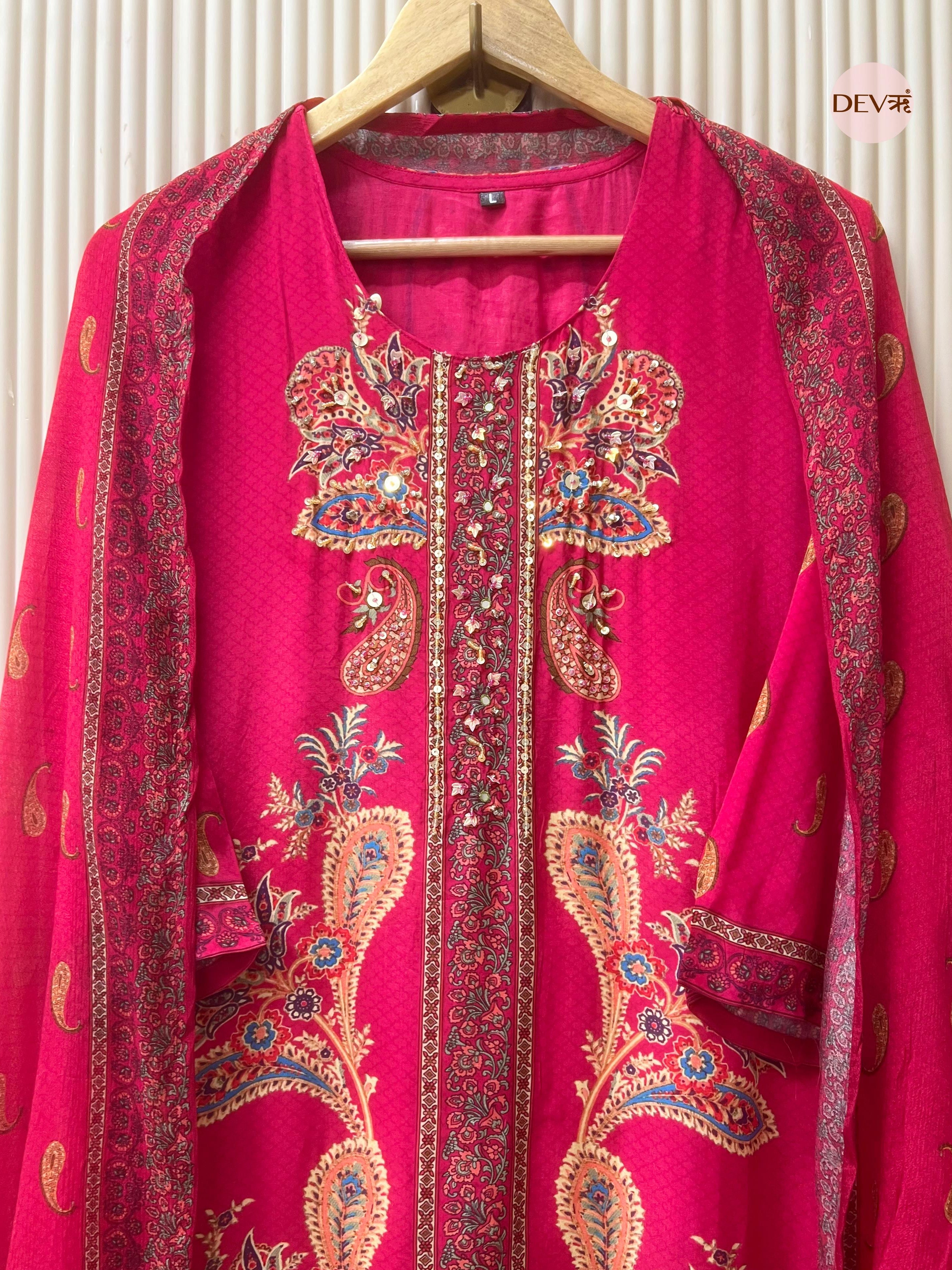 Meher Pure Natural Crepe Embroidered Rani Pink 3-Piece Set (Devri – D.No 1042)