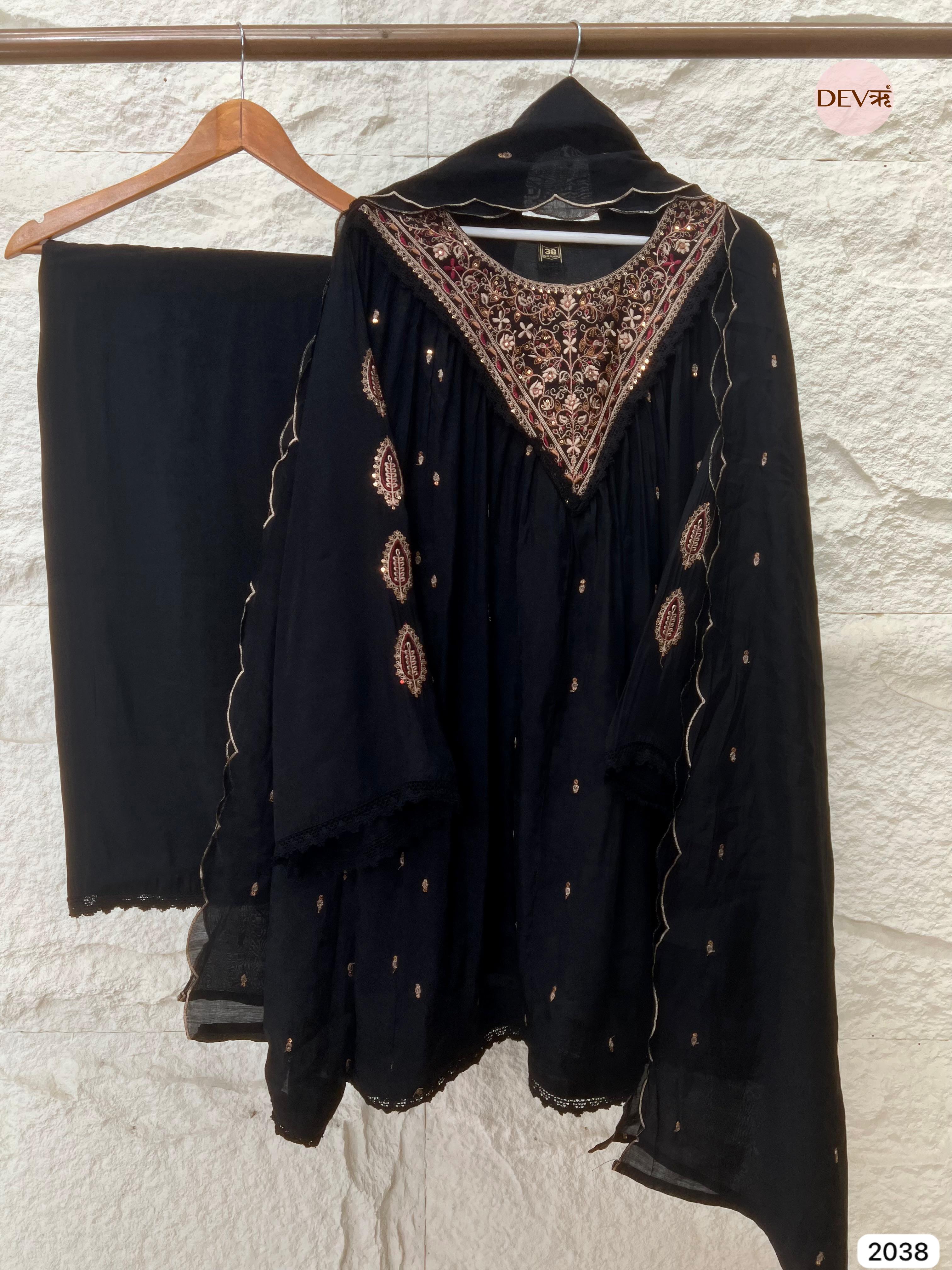 Kashvi Mul Chanderi Embroidered Black 3-Piece Set (Devri – D.No 2038)