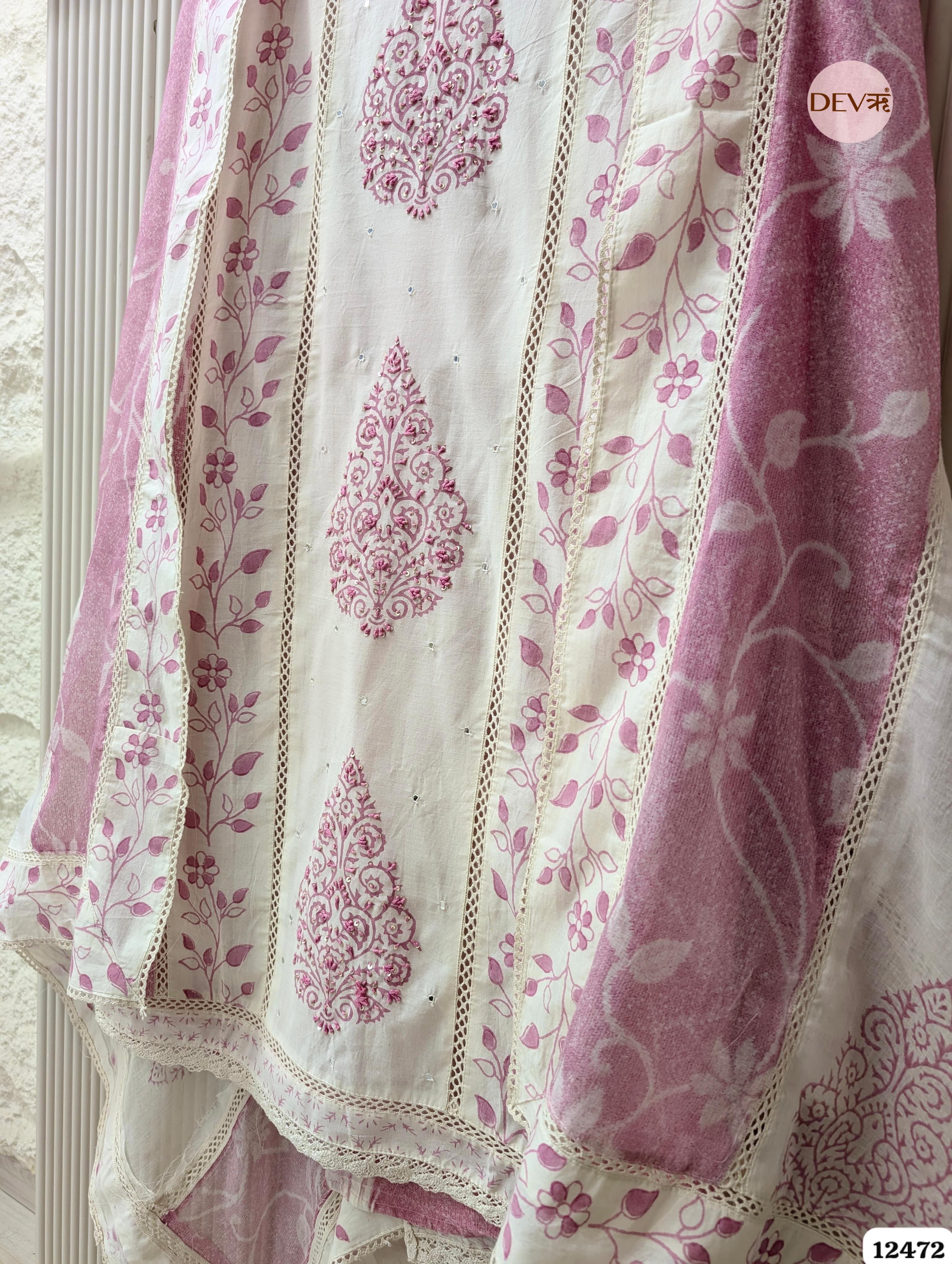 Pink & White Pure Cotton Printed & Embroidered Unstitched 3-Piece Suit (Devri – D.No 12472)