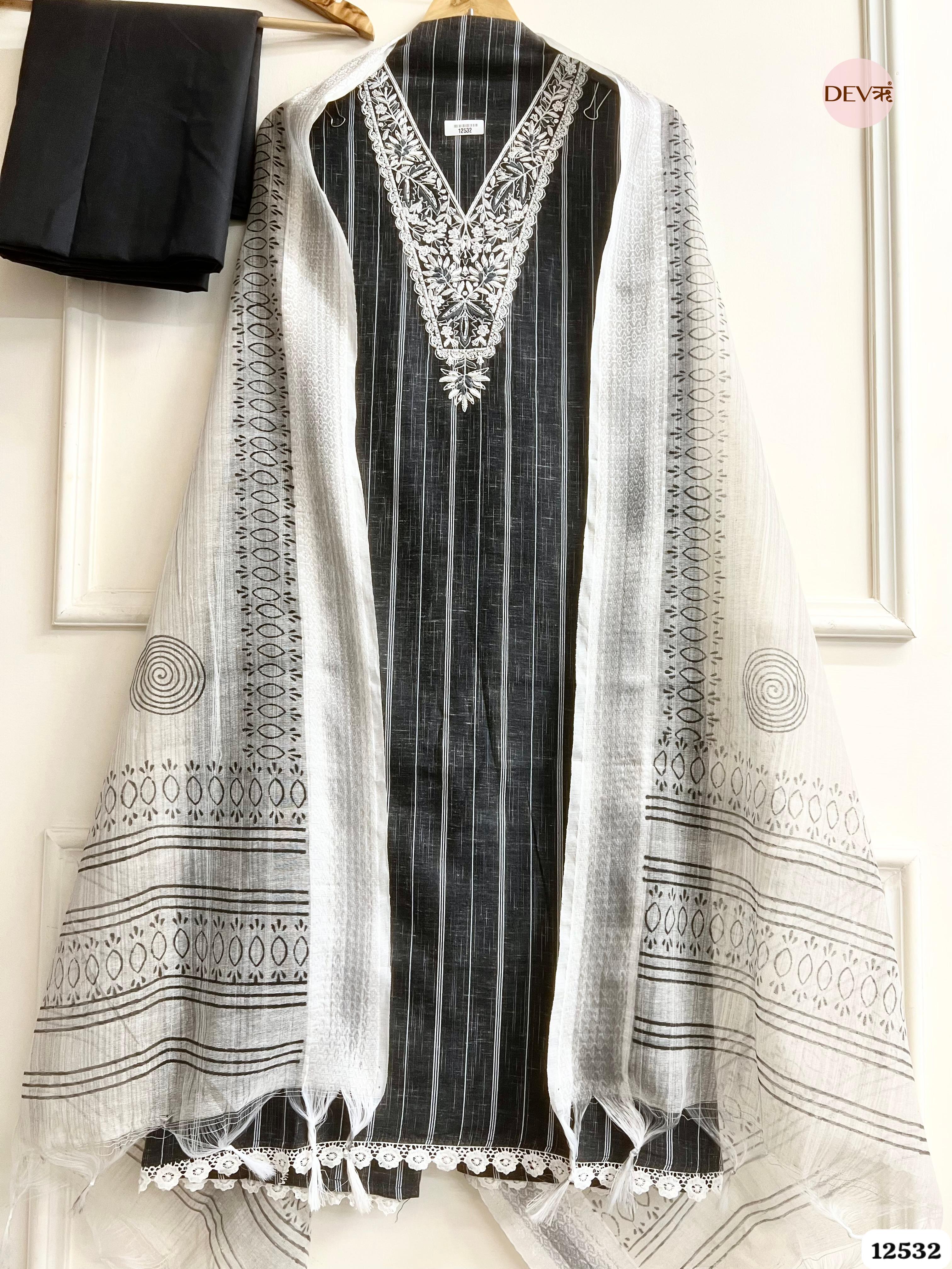 Black Handloom Cotton Embroidered Unstitched 3-Piece Suit (Devri – D.No. 12532)