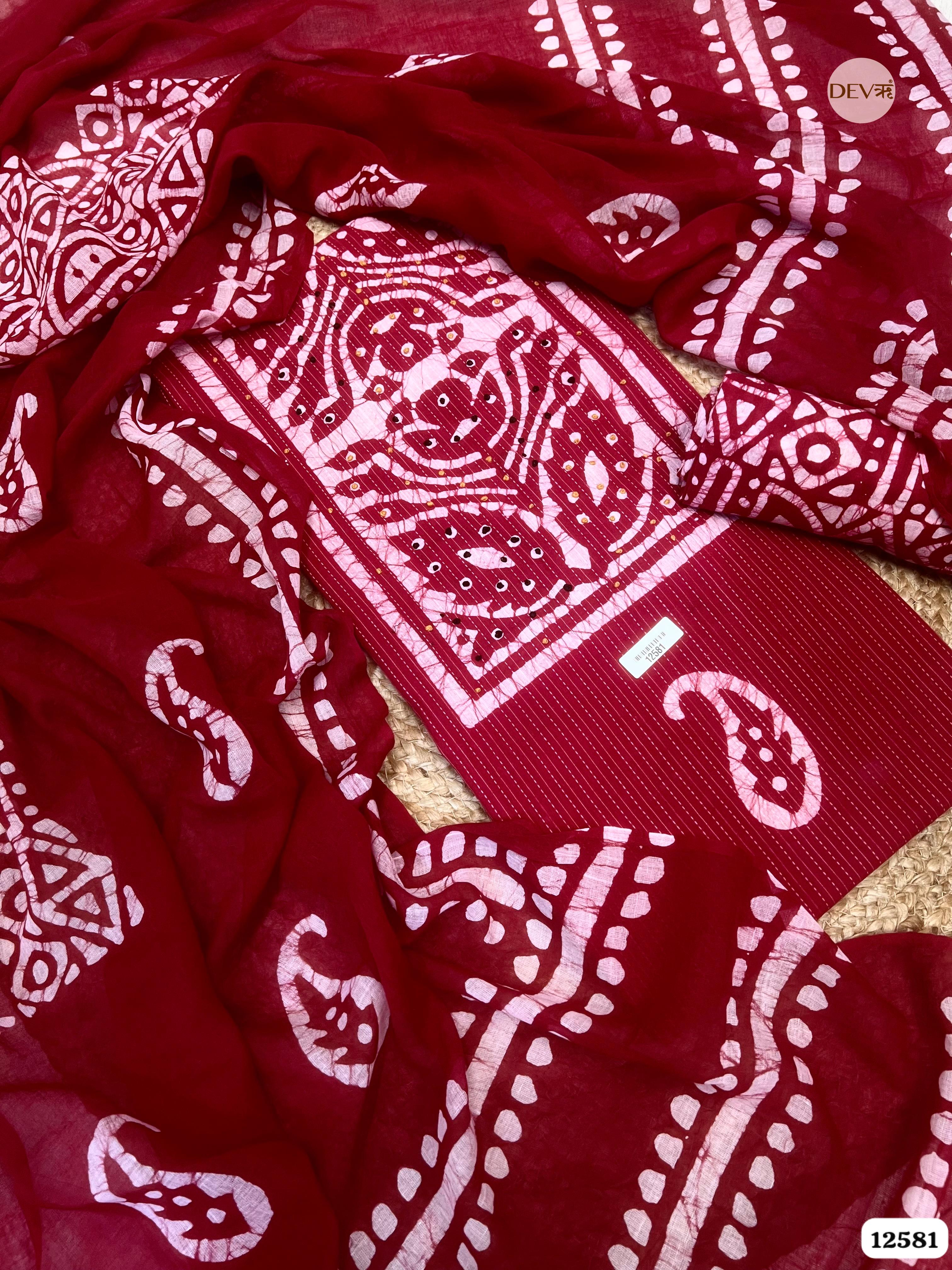 Red Cotton Batik Printed Unstitched 3-Piece Suit (Devri – D.No 12581)