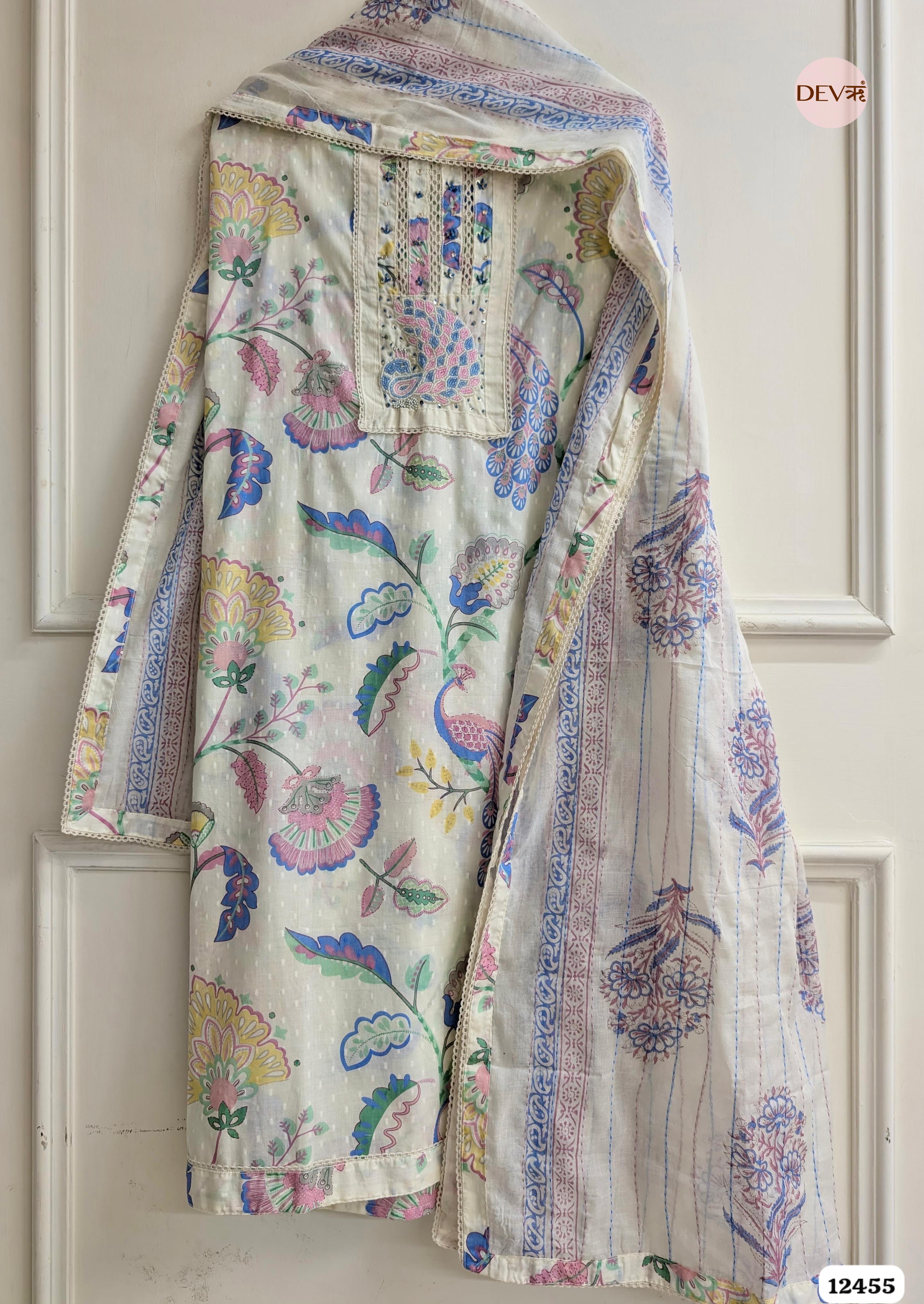 Cream & Blue Pure Cotton Printed Unstitched 3-Piece Suit (Devri – D.No. 12455)