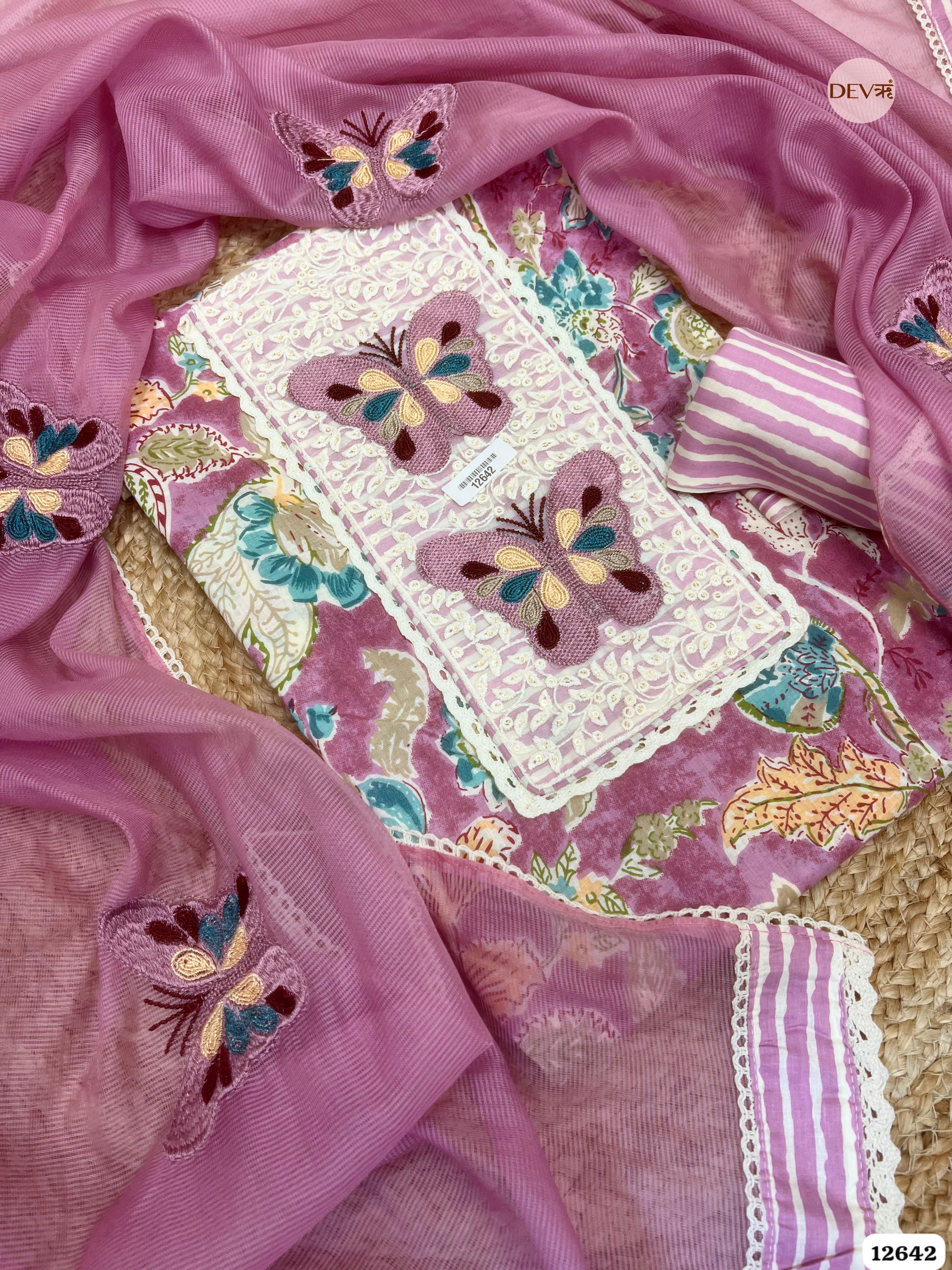 Pink Floral Cotton Unstitched 3-Piece Suit with Net Dupatta (Devri – D.No 12642)