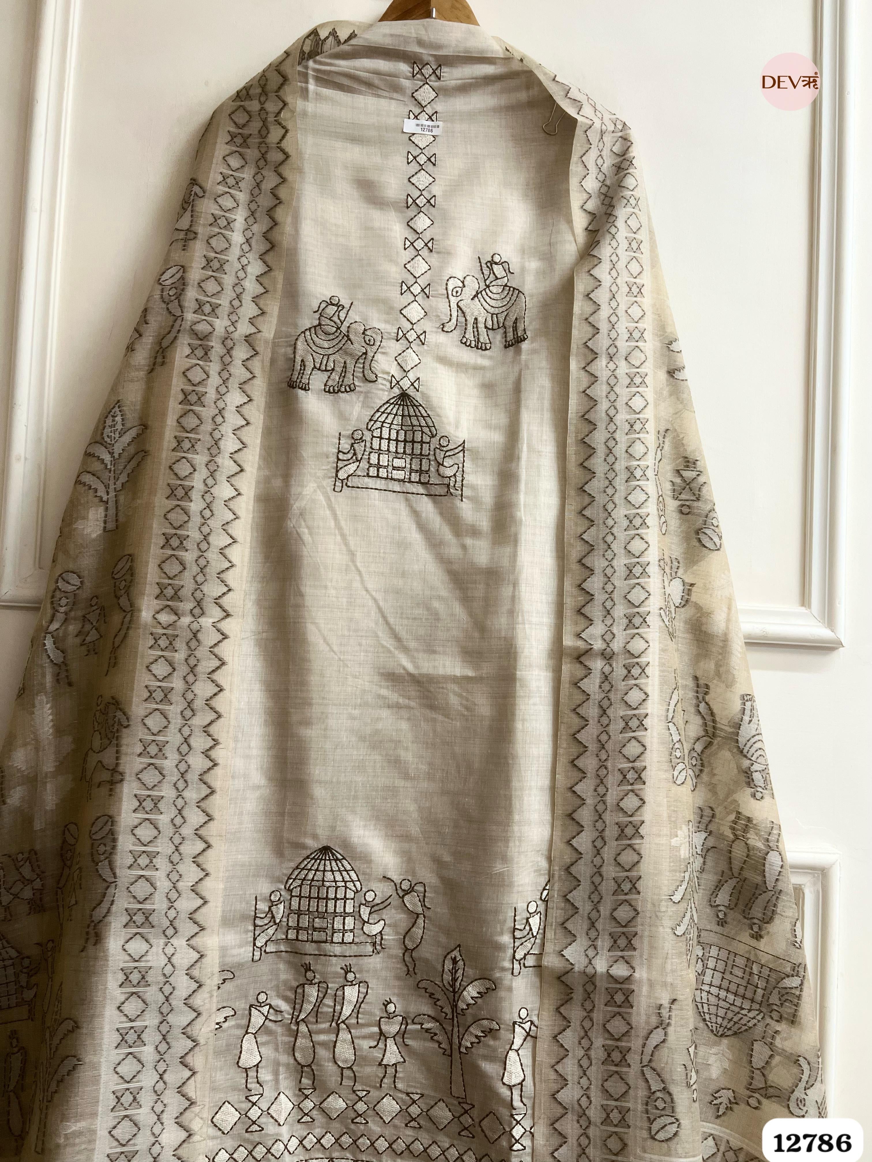 Beige Mul Chanderi Printed Unstitched 3-Piece Suit (Devri – D.No 12786)