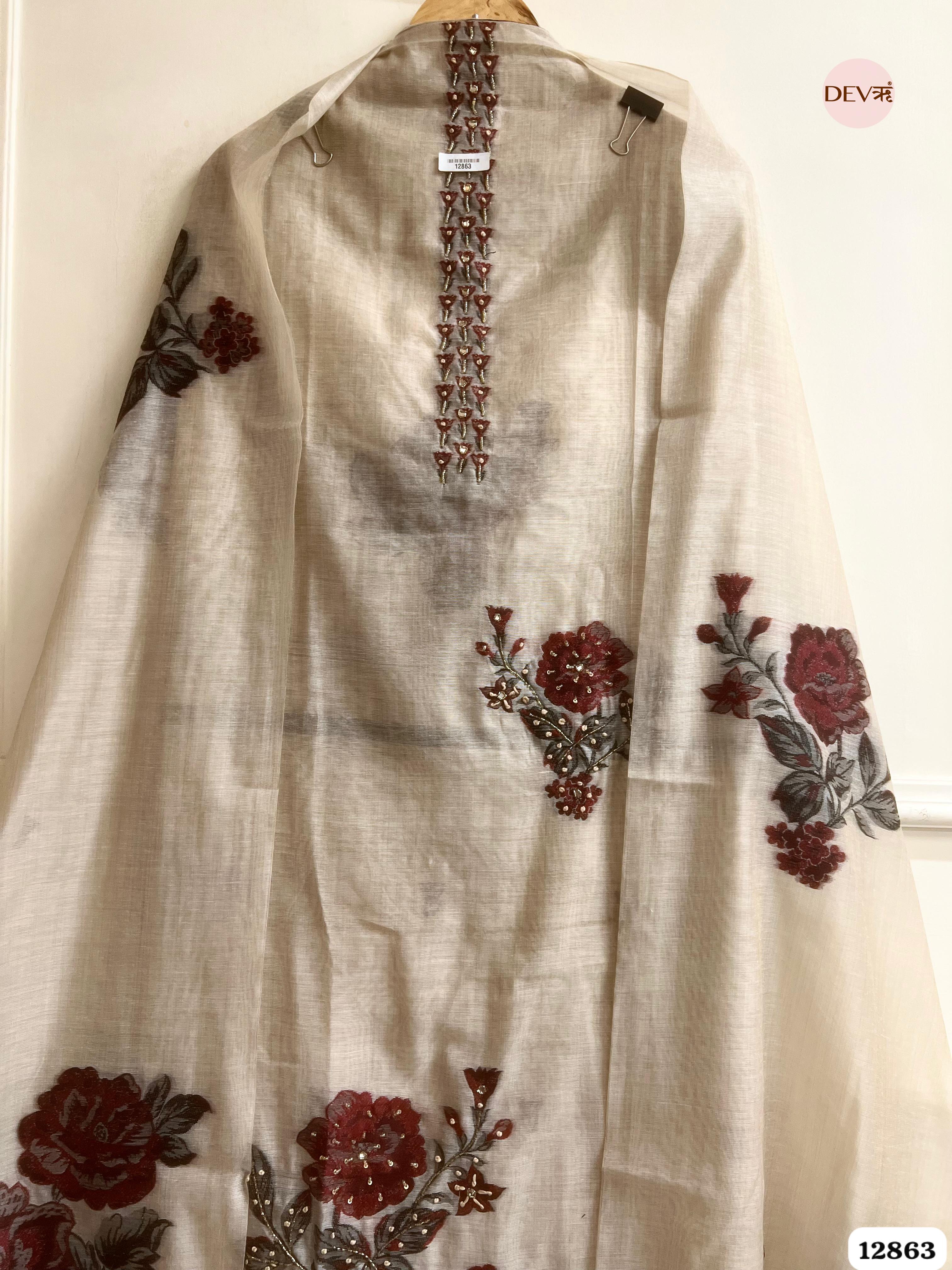 Pista Green Mul Chanderi Embroidered Unstitched 3-Piece Suit (Devri – D.No 12863)