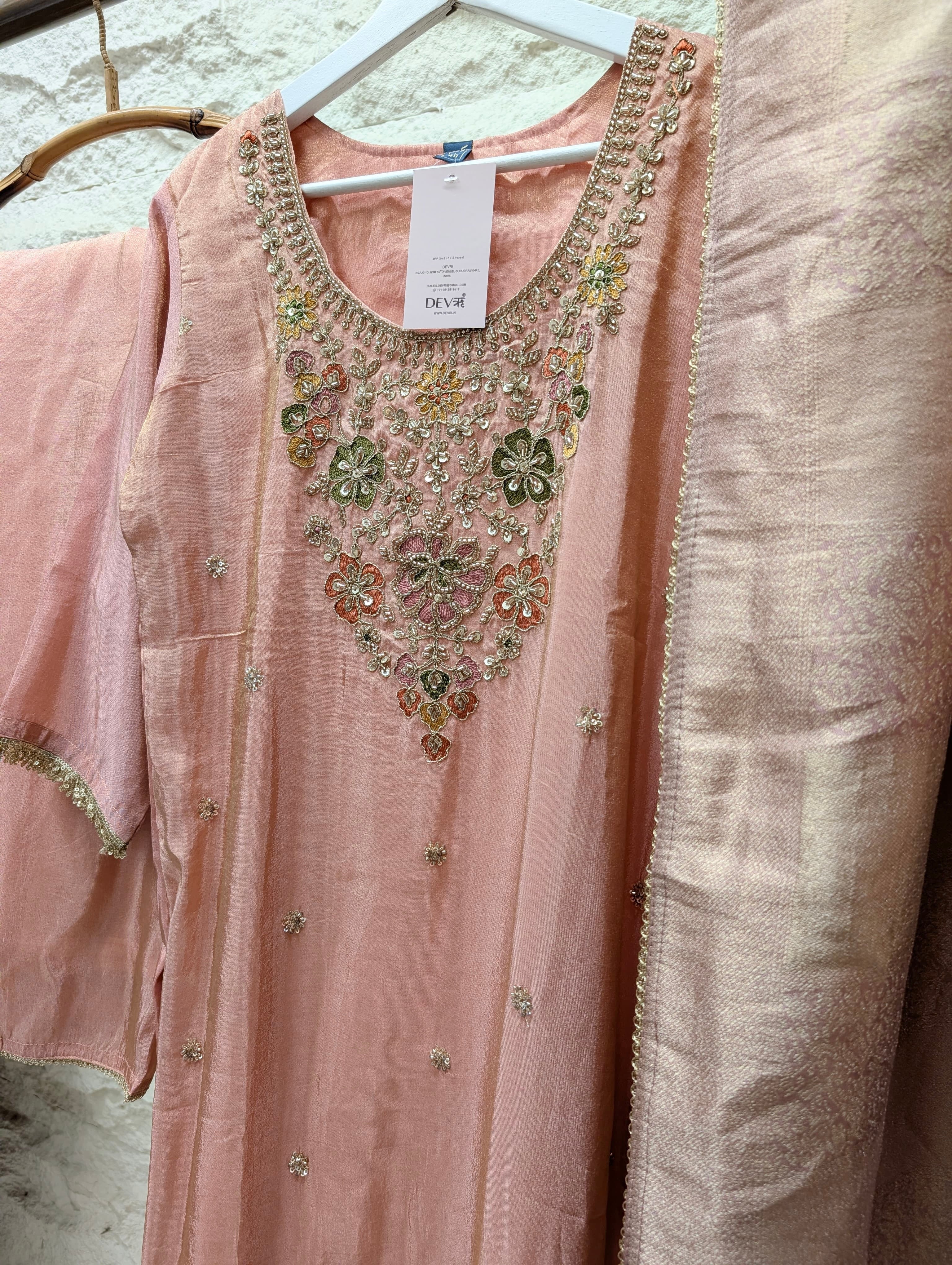 Gulnaar Tissue silk Embroidered Blush Pink 3-Piece Set (Devri – D.No 13794)