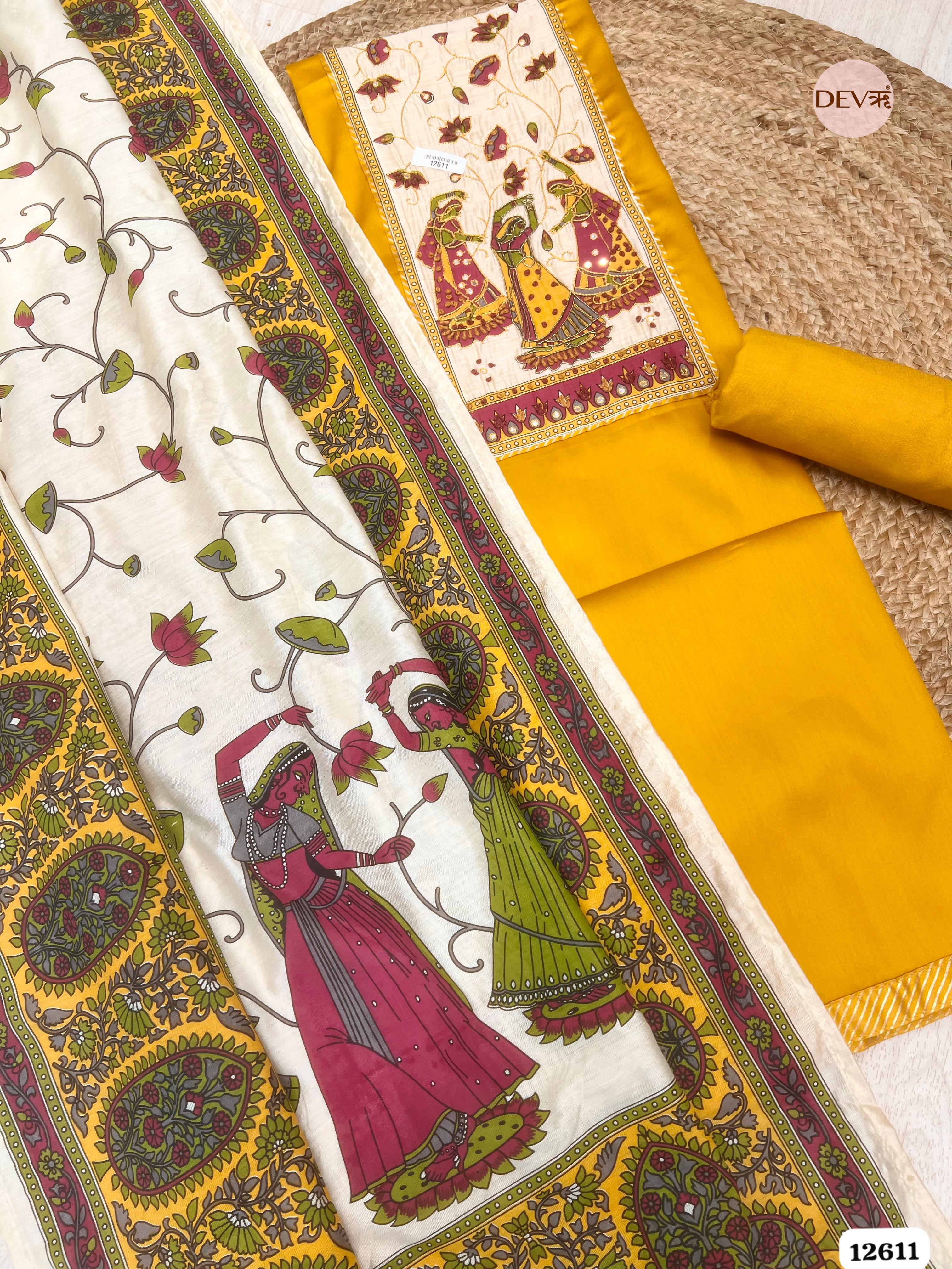 Yellow Glace Cotton Hand Painted Unstitched 3-Piece Suit (Devri – D.No 12611)