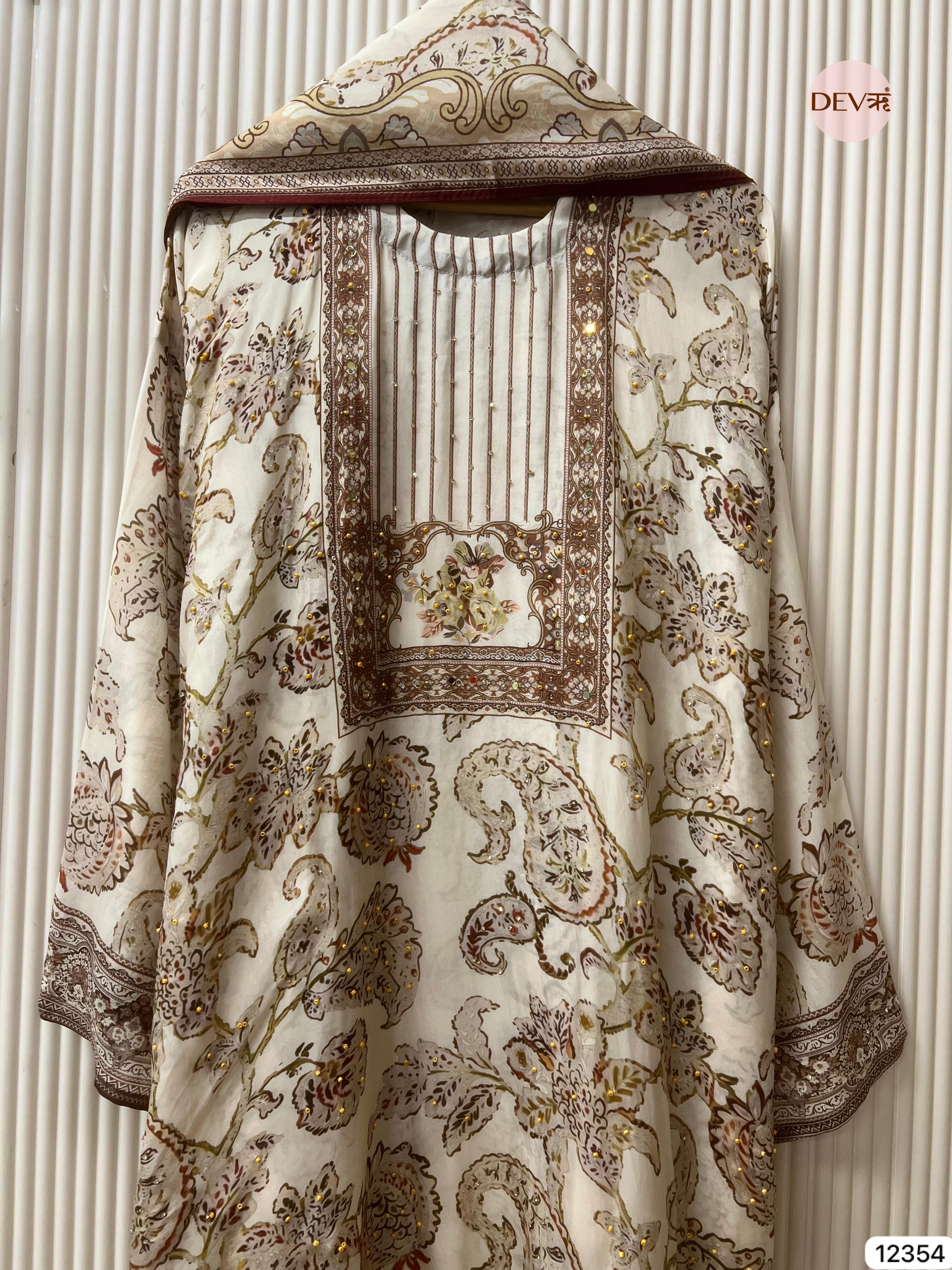 Ivory Organza Silk Printed Unstitched 3-Piece Suit (Devri – D.No 12354)