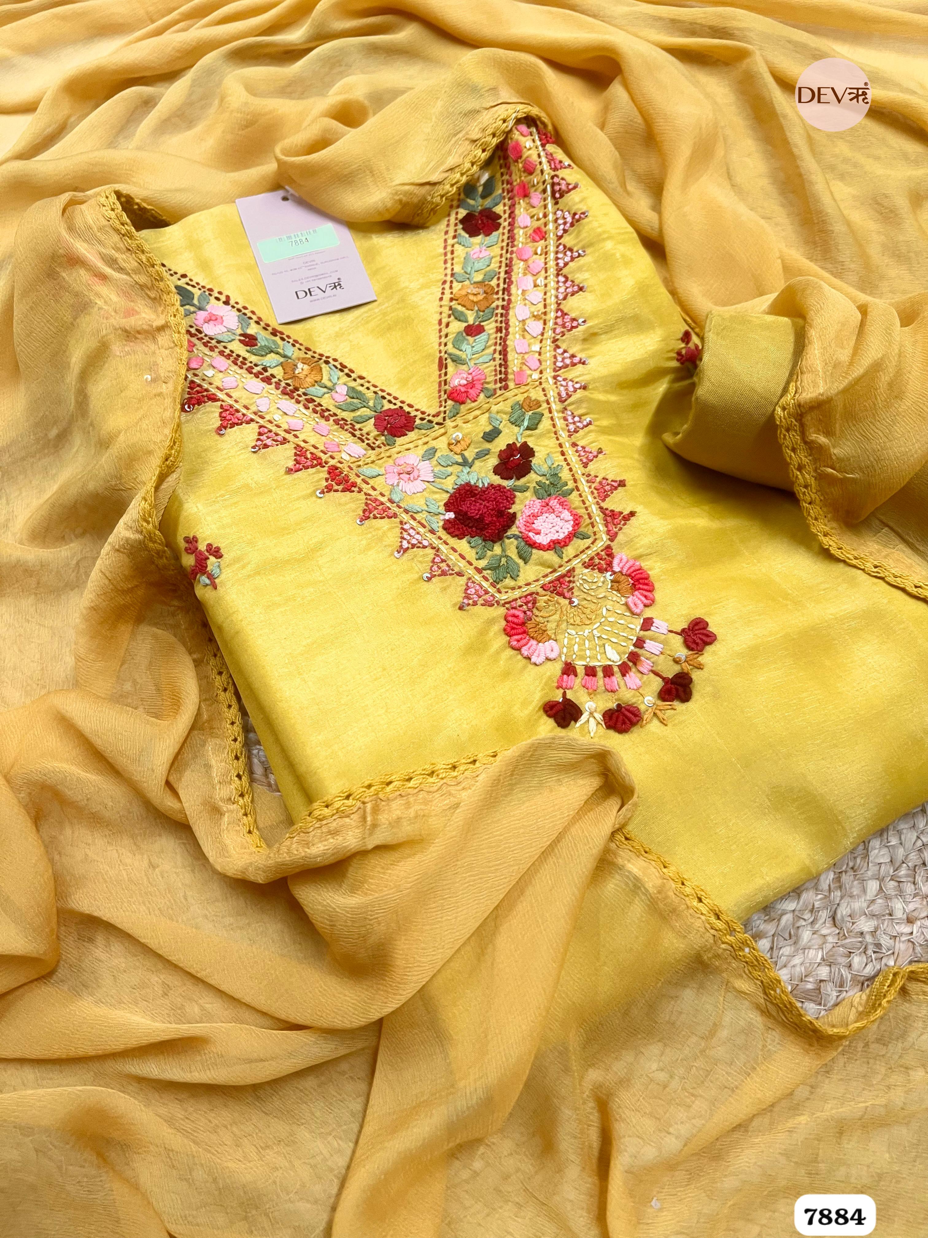 Mustard Tissue Silk Embroidered Unstitched 3-Piece Suit (Devri – D.No. 7884)
