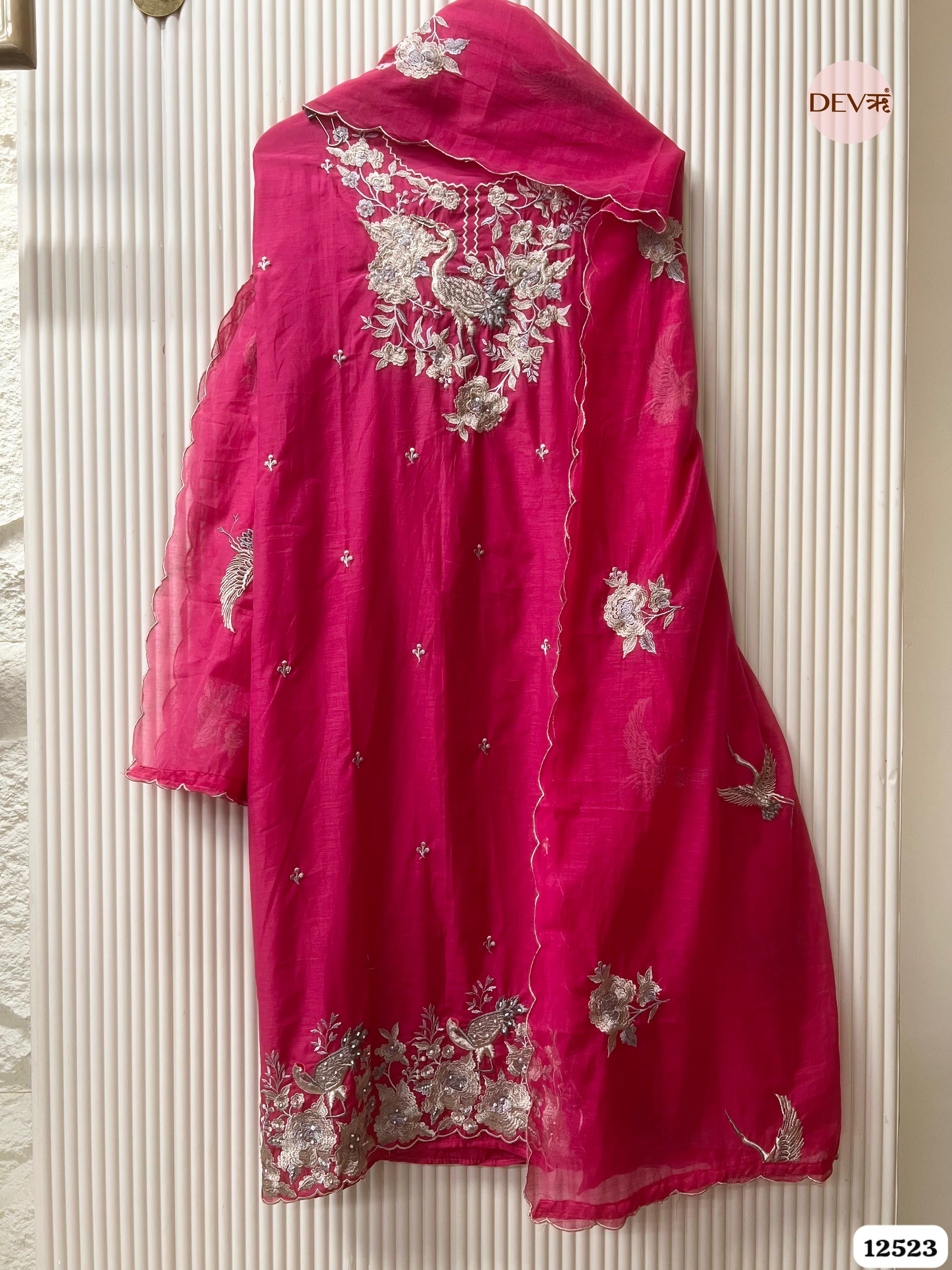Deep Pink Pure Mul Chanderi Embroidered Unstitched 3-Piece Suit (Devri – D.No .12523)