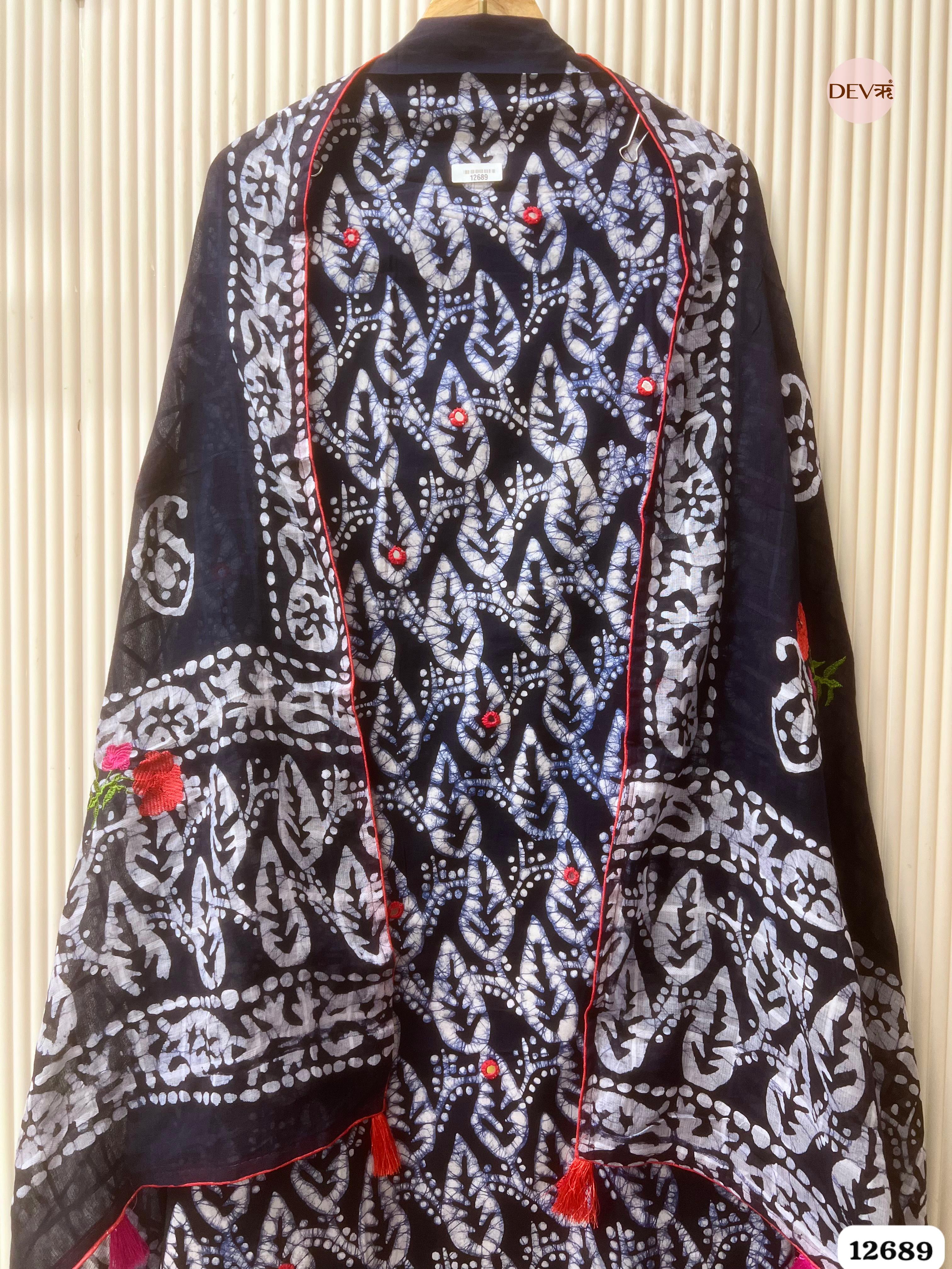 Navy Blue Cotton Batik Printed Unstitched 3-Piece Suit (Devri – D.No 12689)