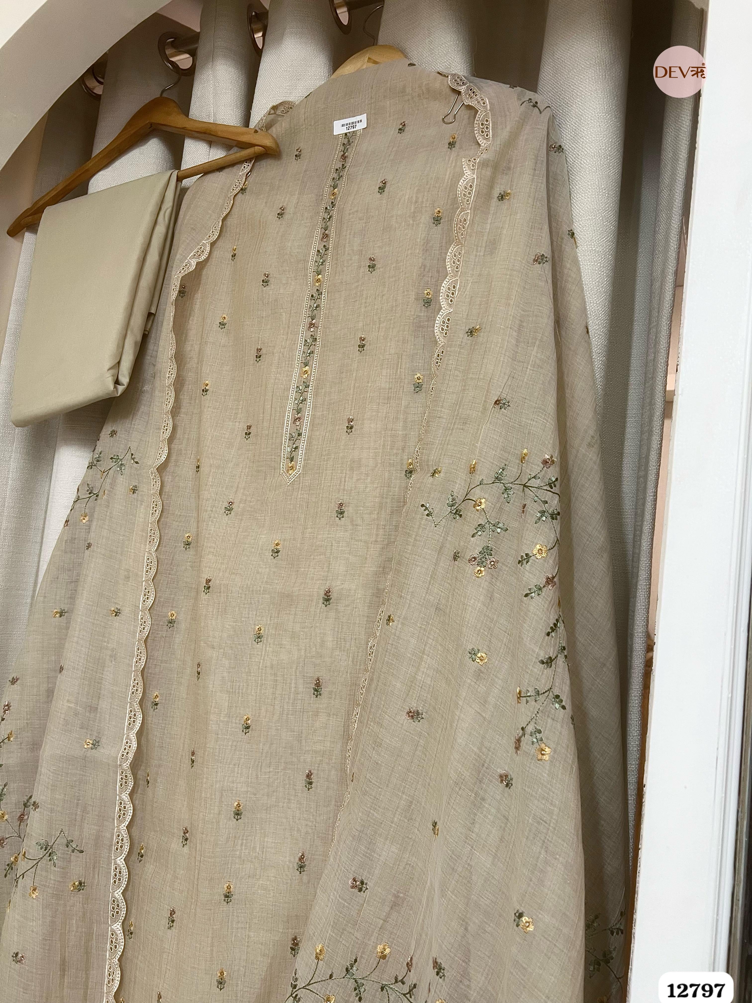 Beige Mul Chanderi Embroidered Unstitched 3-Piece Suit (Devri – D.No 12797)