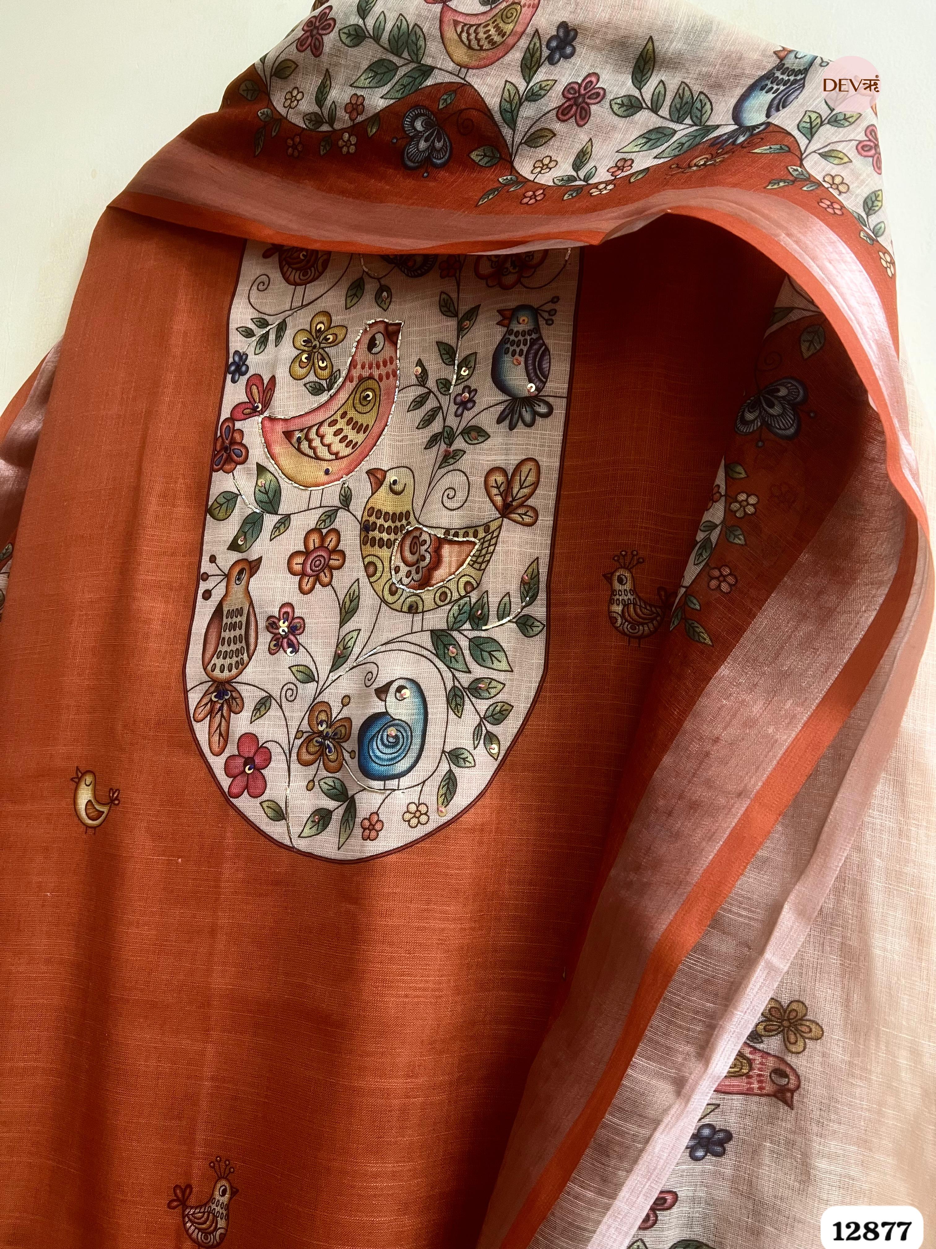 Rust Orange Linen Cotton Printed Unstitched 3-Piece Suit (Devri – D.No 12877)