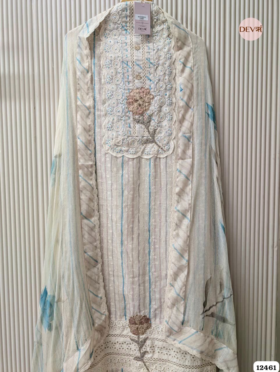 Blue & Beige Pure Linen Embroidered Unstitched 3-Piece Suit (Devri – D.No 12461)