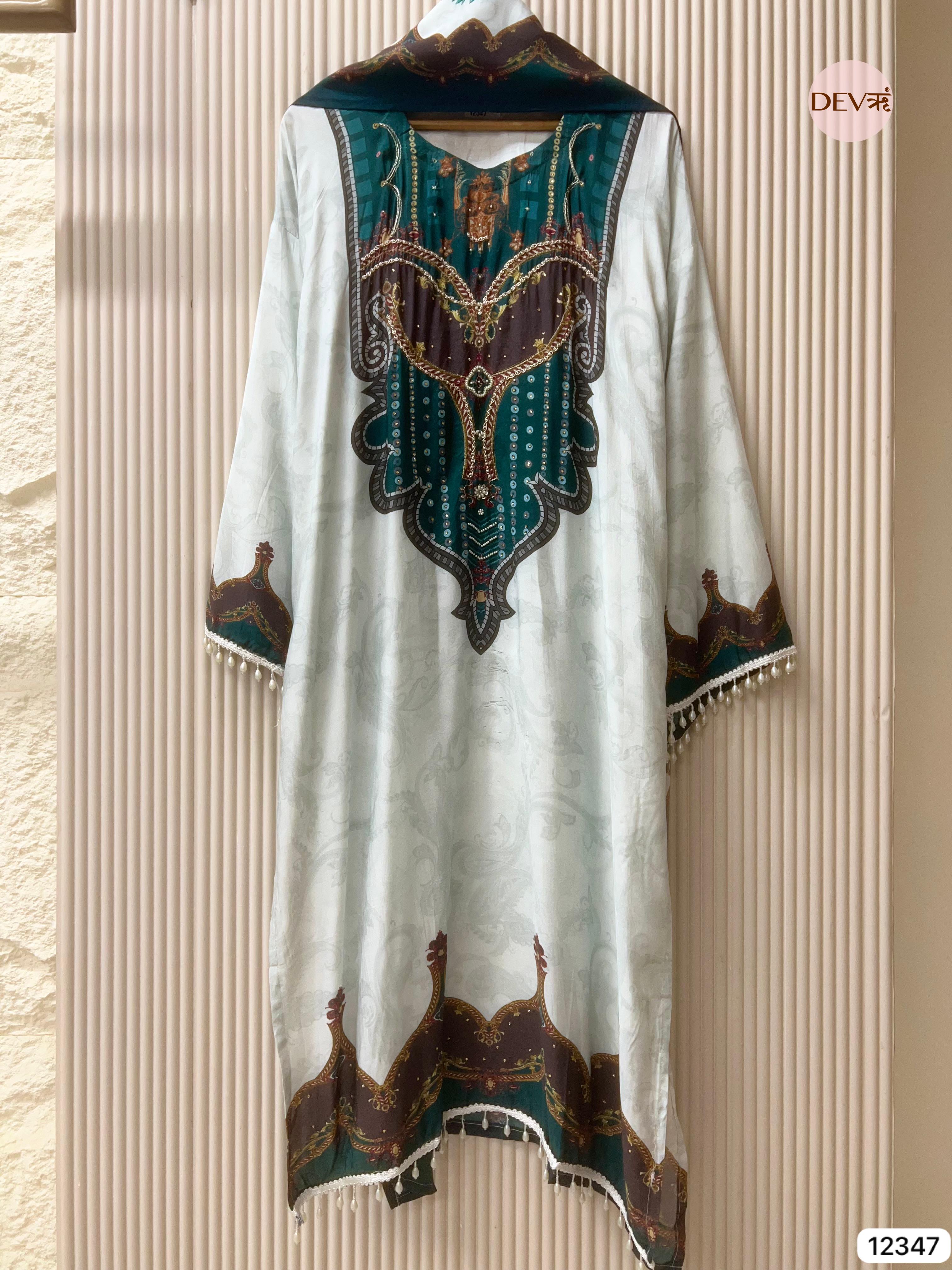 Teal Ivory Muslin Printed Unstitched 3-Piece Suit (Devri – D.No 12347)