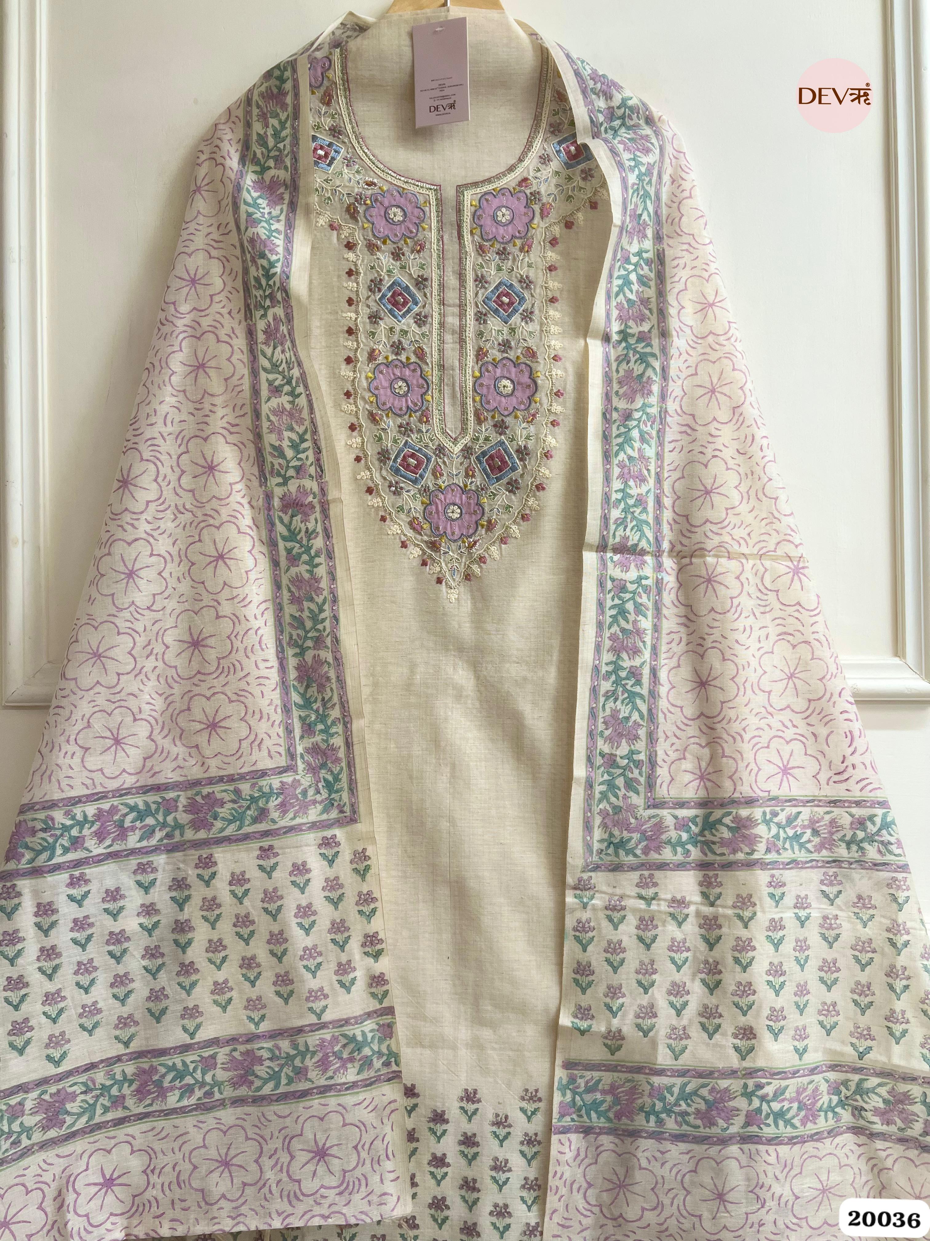 Ivory Pure Linen Embroidered Unstitched 3-Piece Suit (Devri – D.No. 20036)