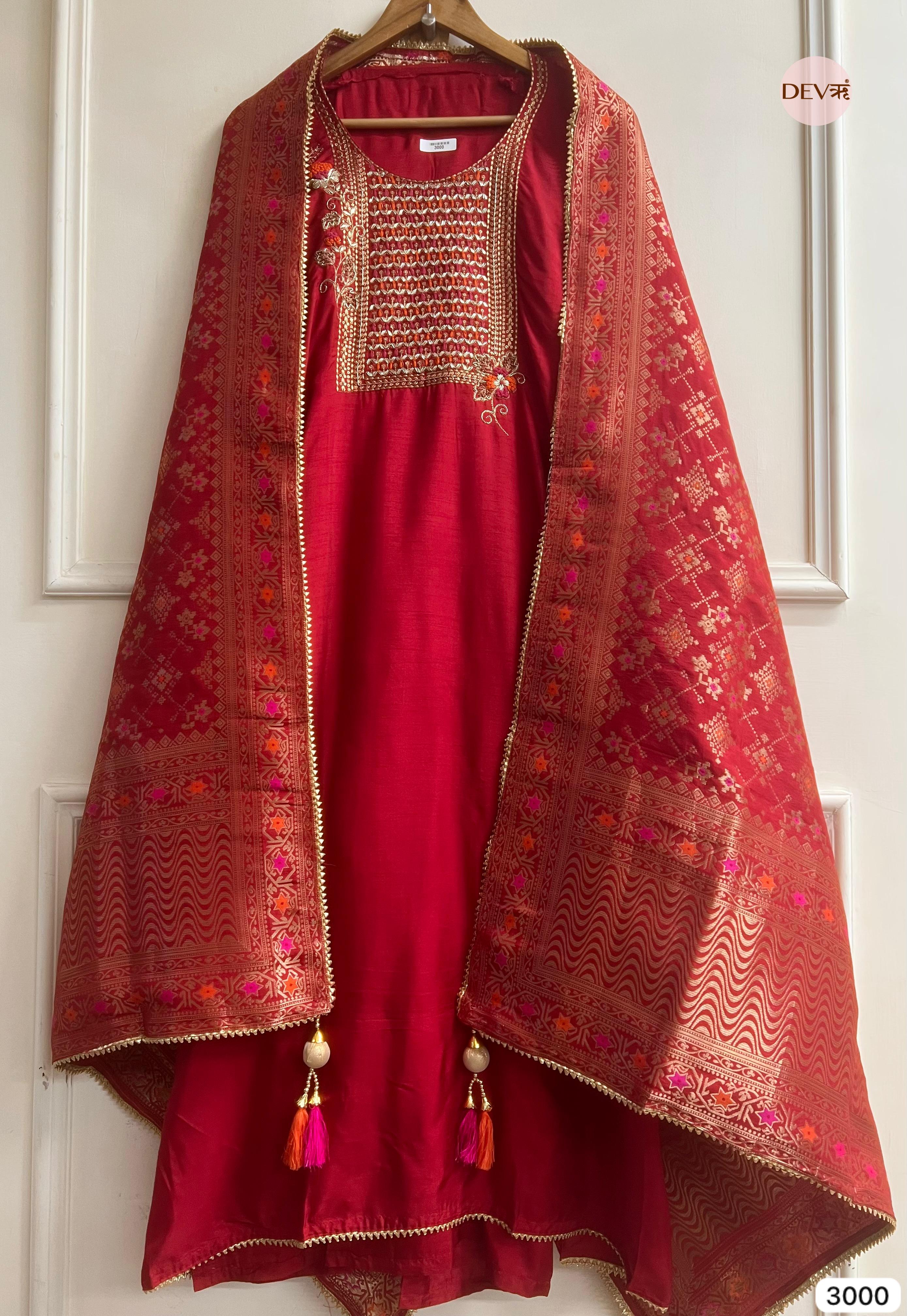 Red Russian Silk Embroidered Unstitched 3-Piece Suit (Devri – D.No 3000)