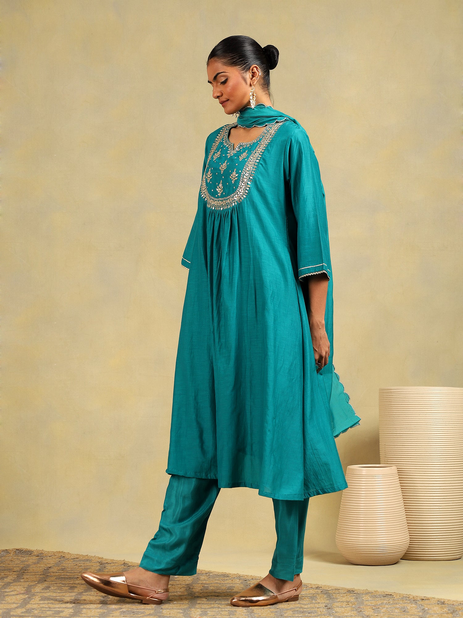Emerald Glow Mul Chanderi 3-Piece Set {1025}