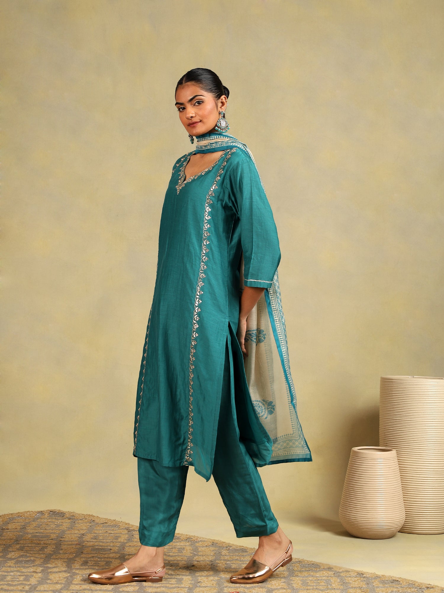 Teal Glow Chanderi 3-Piece Set {1021/M}