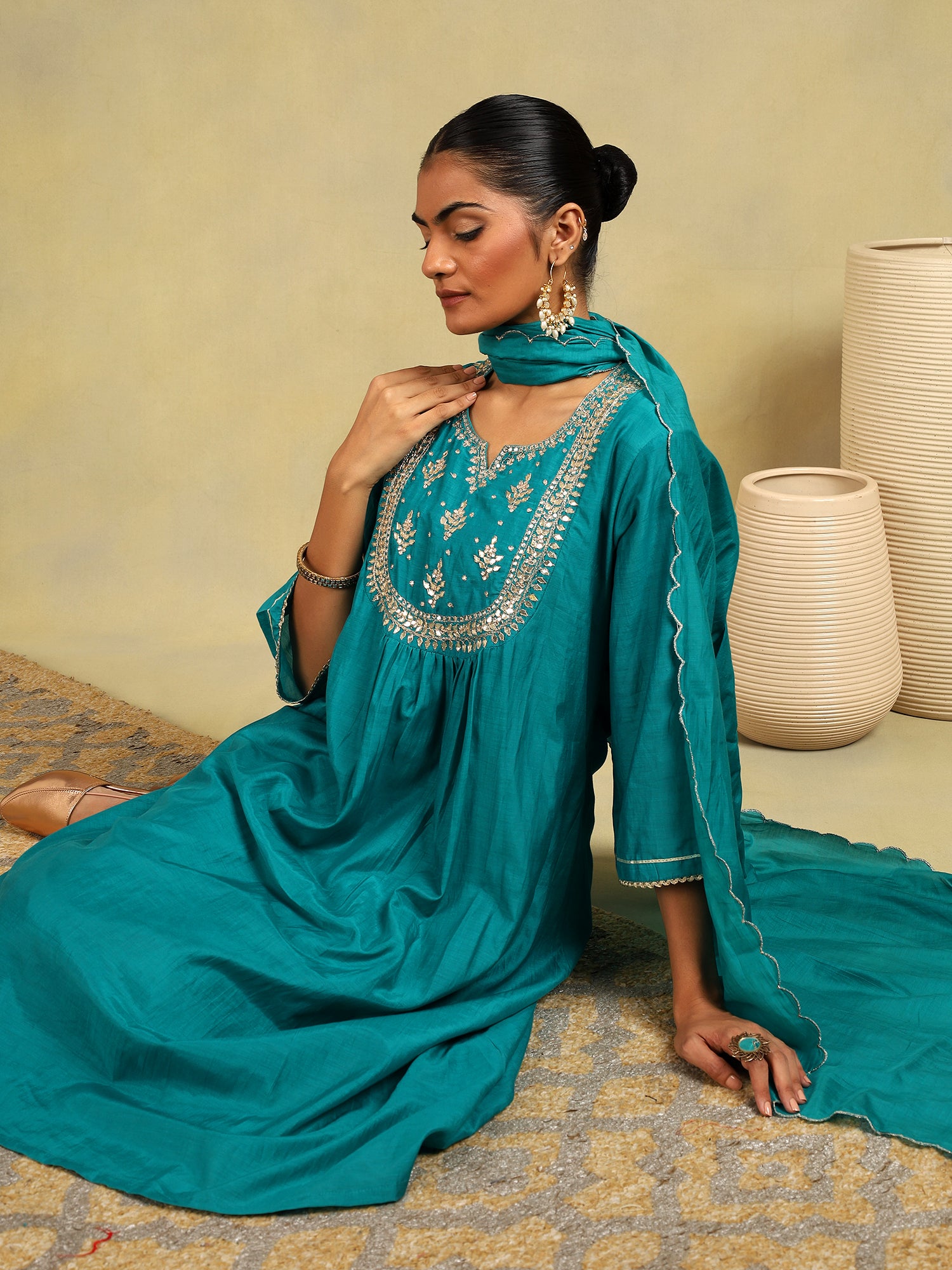 Emerald Glow Mul Chanderi 3-Piece Set {1025}