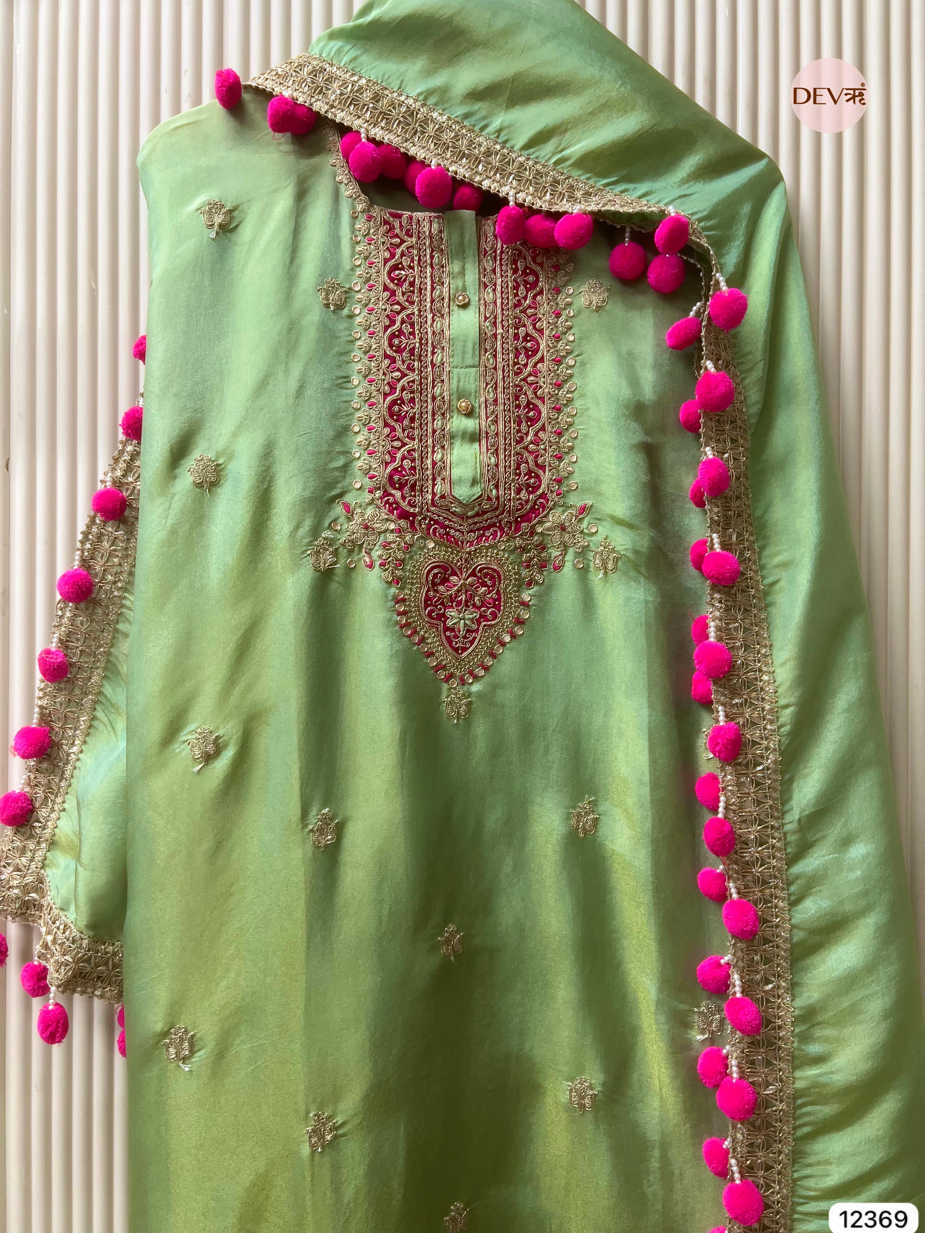 Mint Green Shimmer Silk Hand Embroidered Unstitched 3-Piece Suit (Devri – D.No 12369)