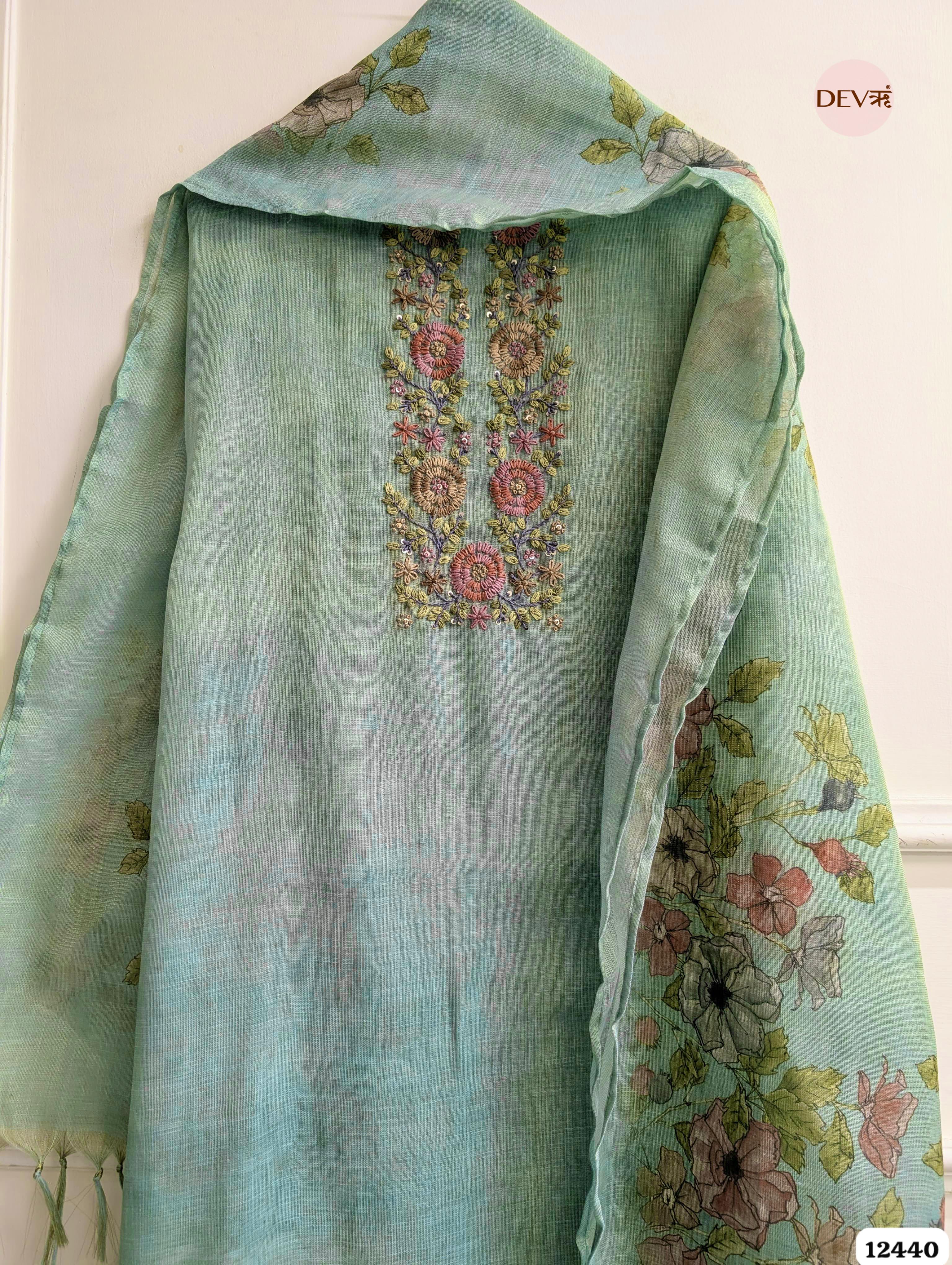 Mint Green Linen Printed Unstitched 3-Piece Suit (Devri – D.No. 12440)