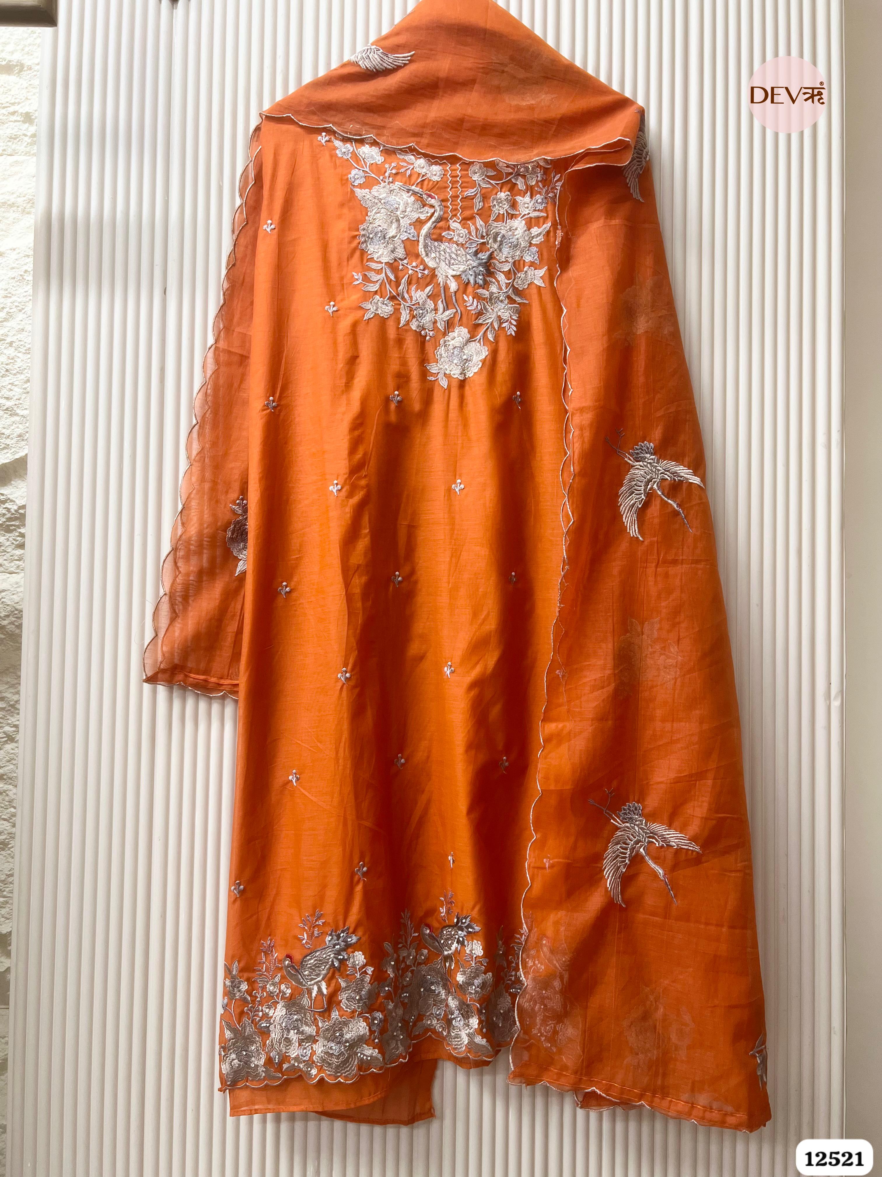 Orange Pure Mul Chanderi Embroidered Unstitched 3-Piece Suit (Devri – D.No 12521)