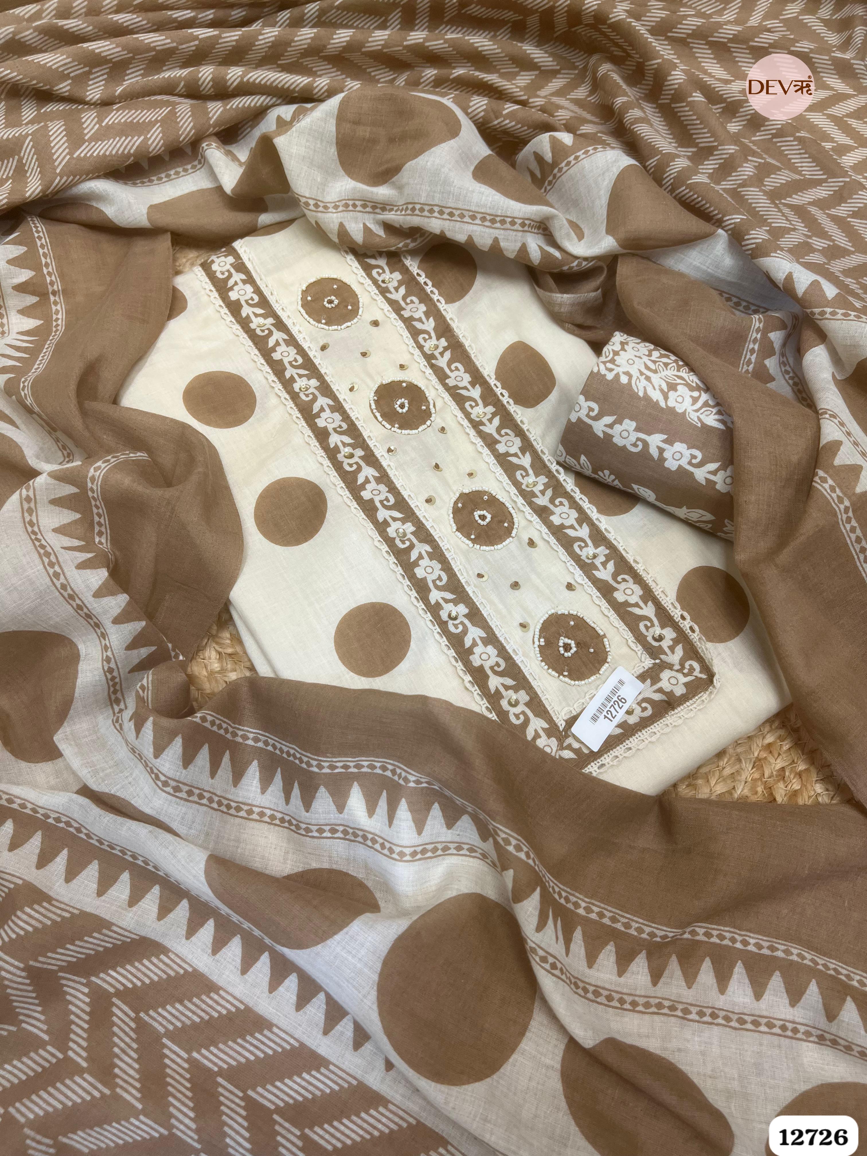 Brown Cotton Printed Unstitched 3-Piece Suit (Devri – D.No 12726)