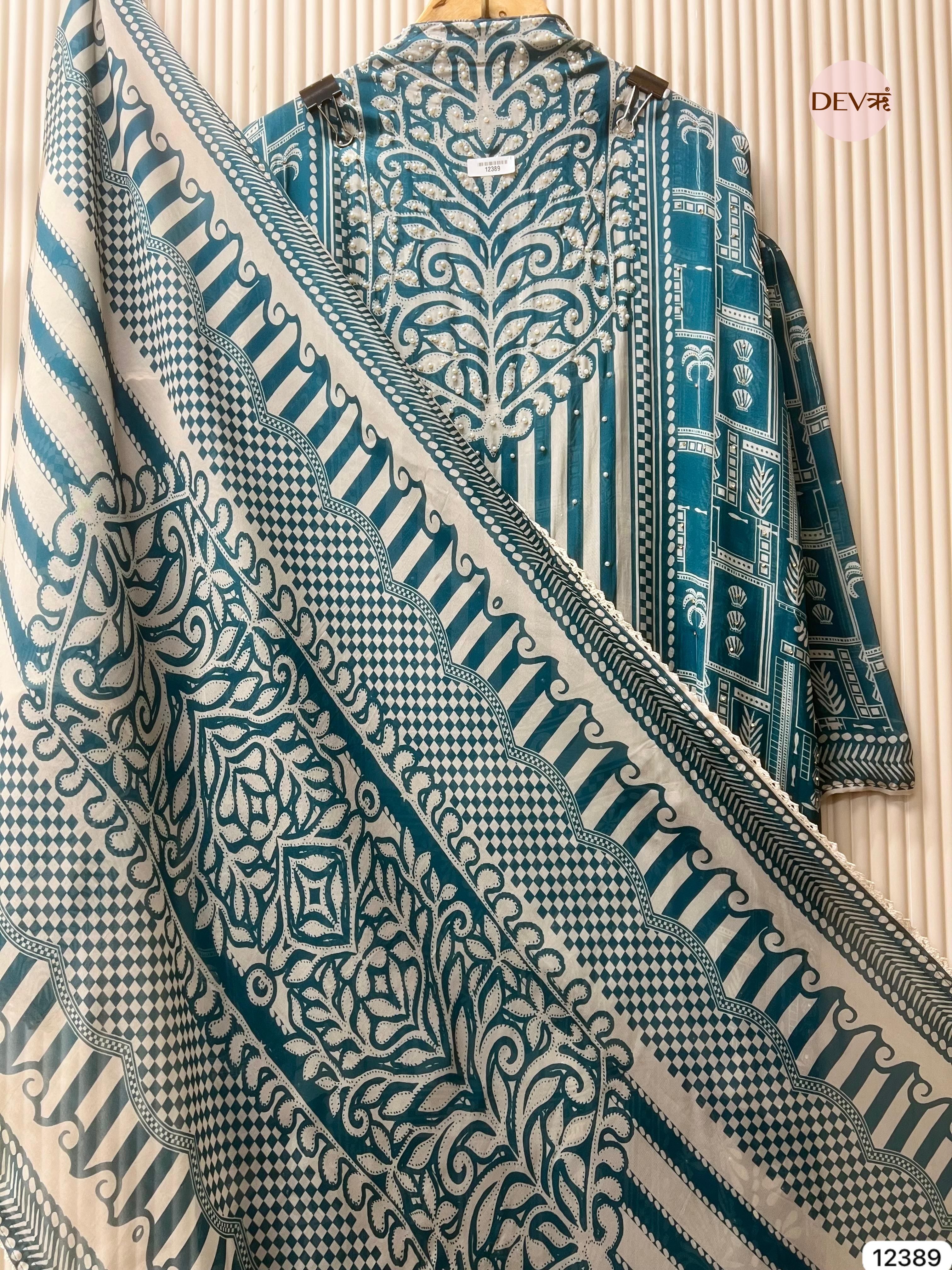 Teal and White Organza Printed Unstitched 3-Piece Suit (Devri – D.No 12389)