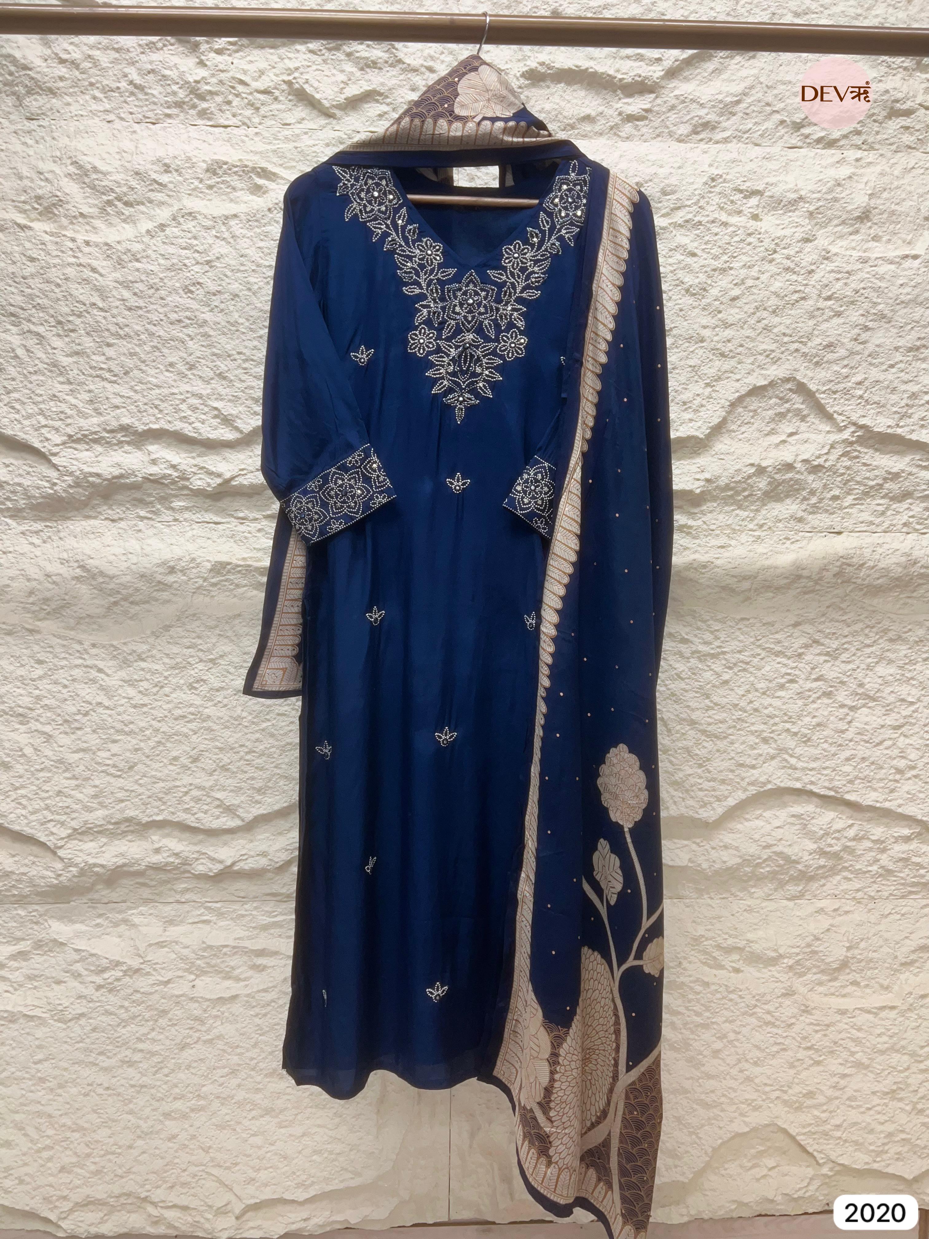 Navy Blue Embroidered Muslin 3-Piece Set - {2020}