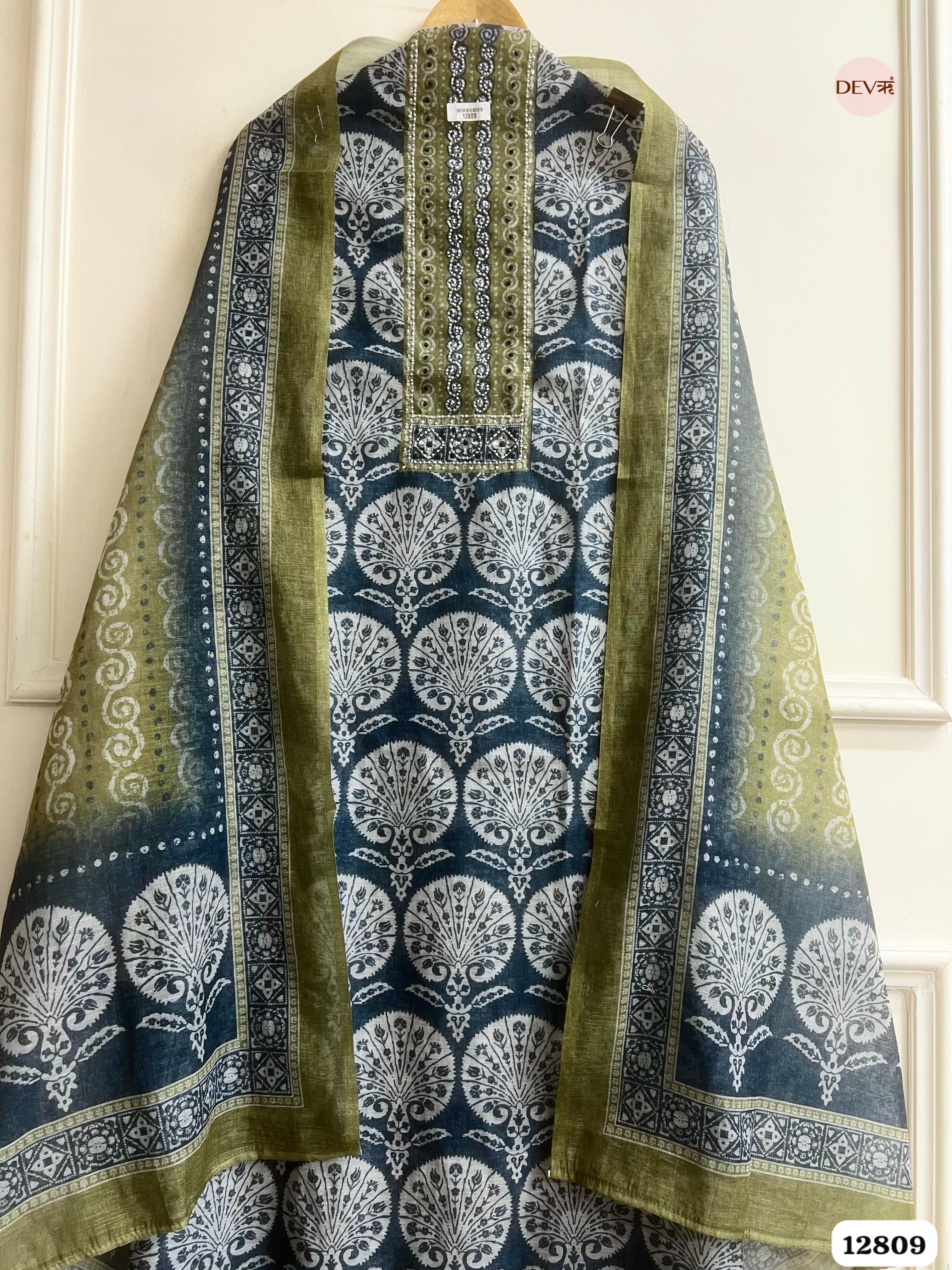 Olive Linen Cotton Printed Unstitched 3-Piece Suit (Devri – D.No 12809)