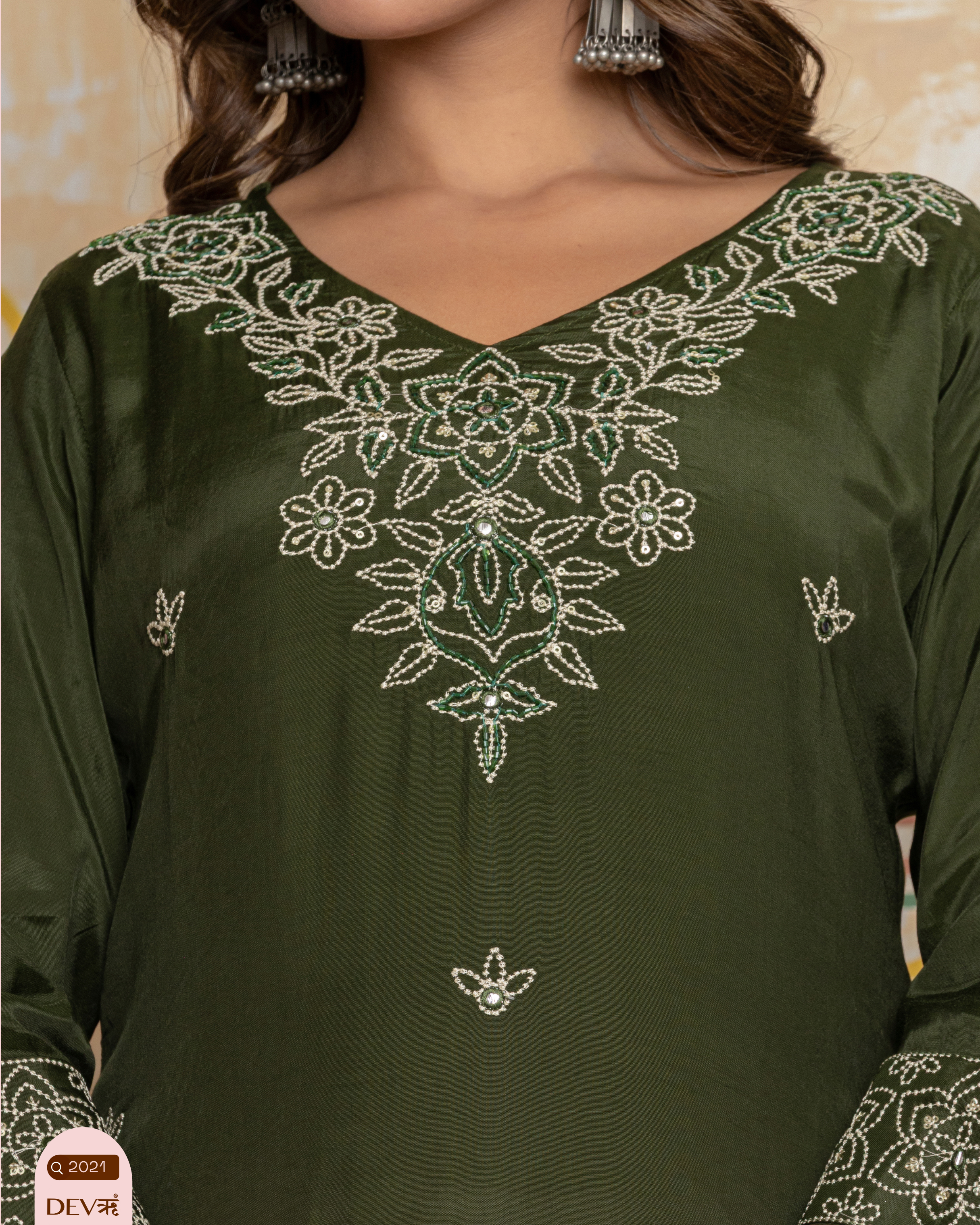 Olive Green Embroidered Muslin 3-Piece Set - {2021/M}
