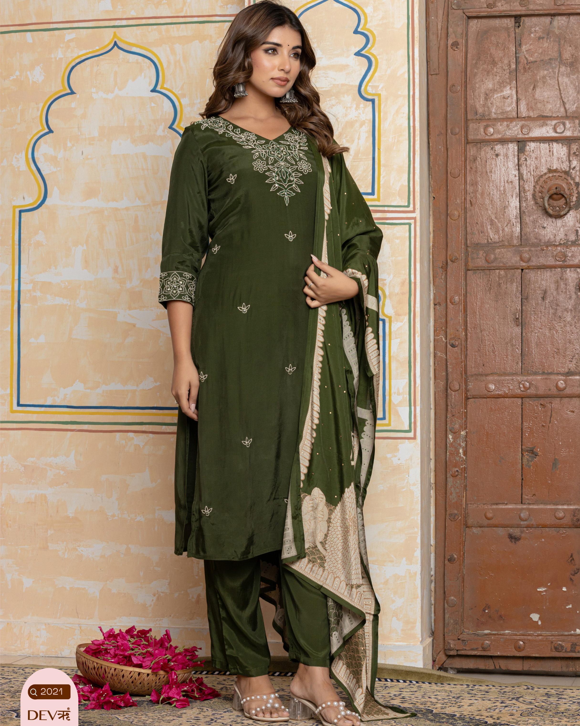 Olive Green Embroidered Muslin 3-Piece Set - {2021}