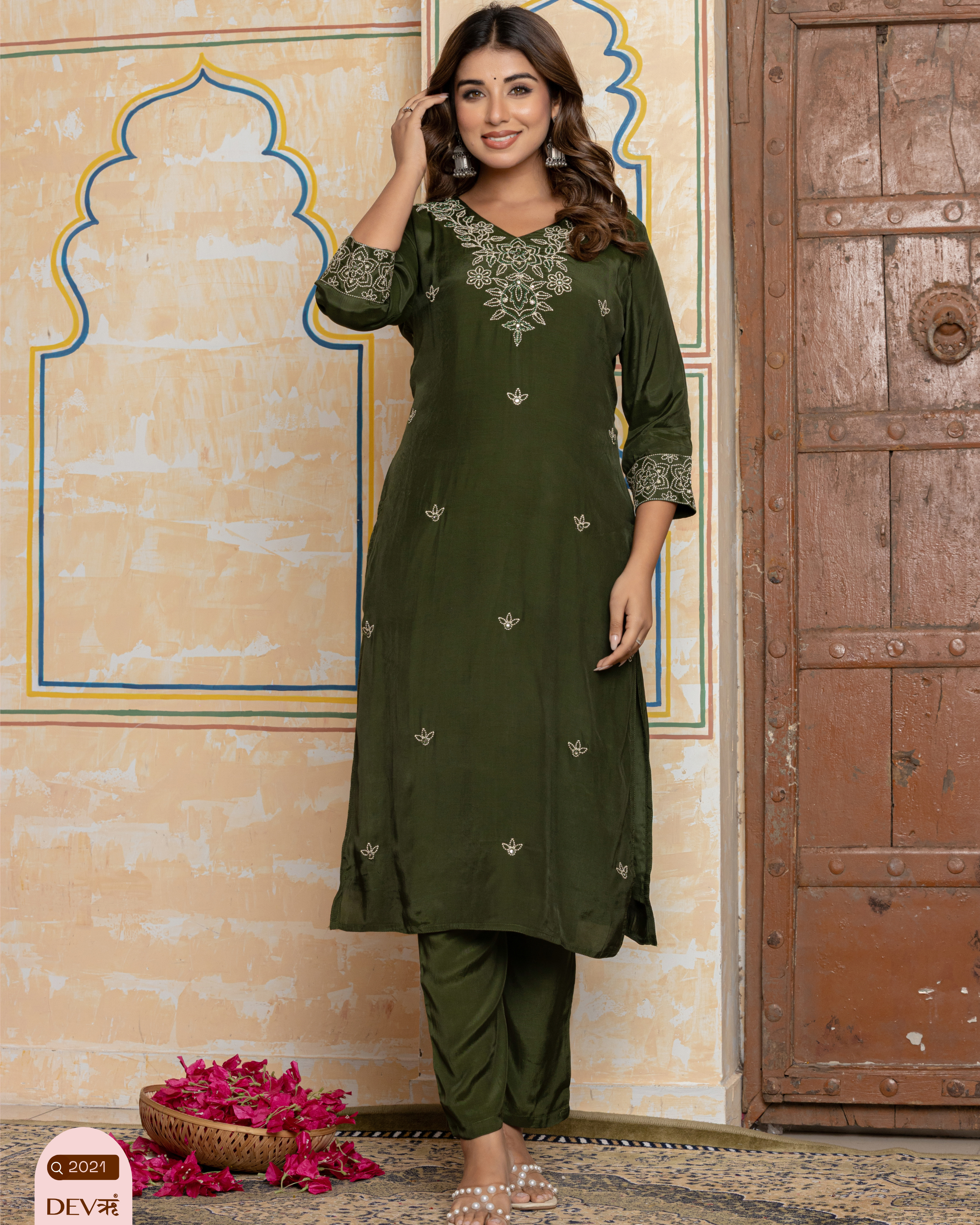 Olive Green Embroidered Muslin 3-Piece Set - {2021}